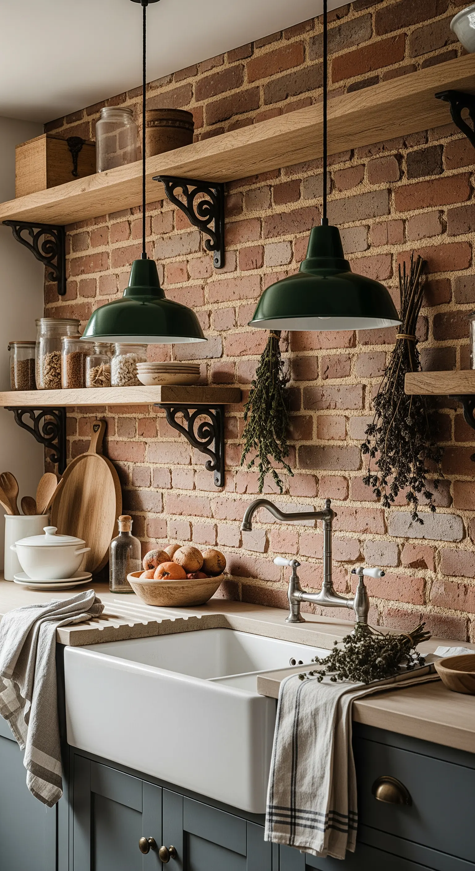 Dettaglio di una cucina rustico-industriale con lampade verdi e mensole in legno.