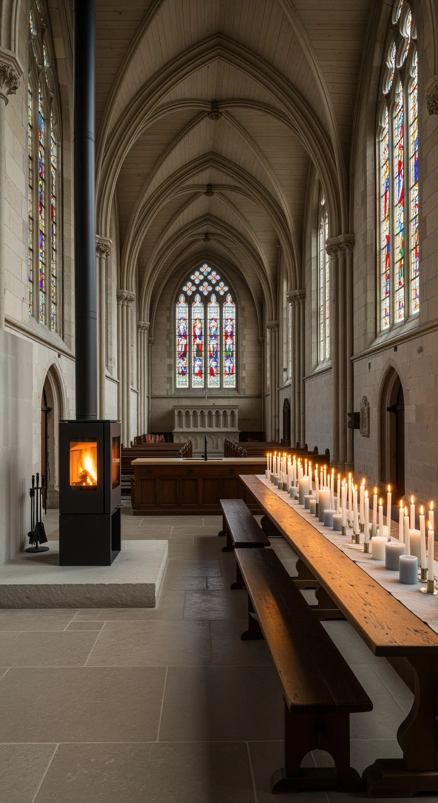 Stufa a legna moderna all'interno di una chiesa gotica con lunghe panche e soffitti a volta.