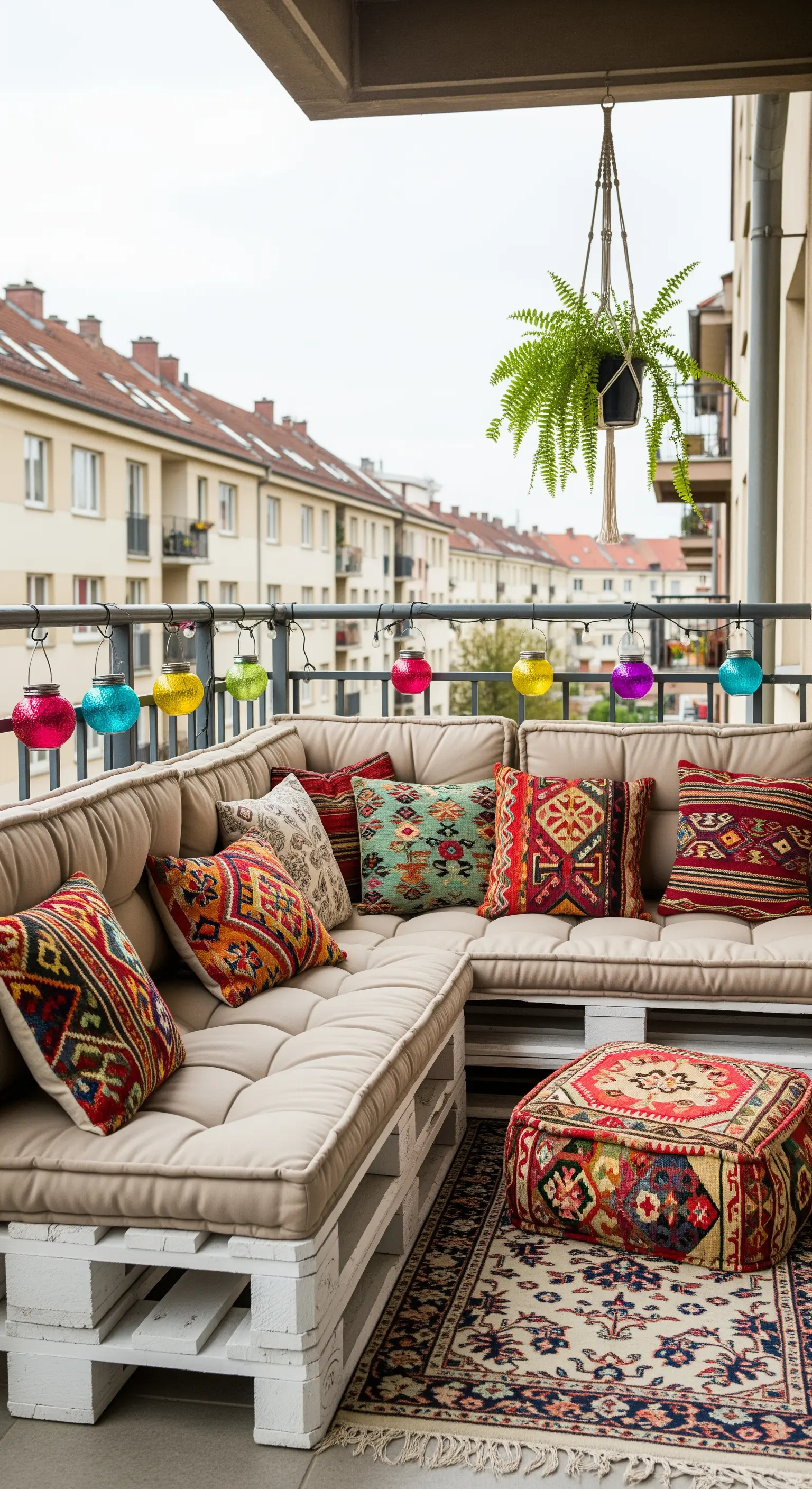 Divano da balcone fatto con pallet bianchi, cuscini kilim colorati e pouf coordinato.
