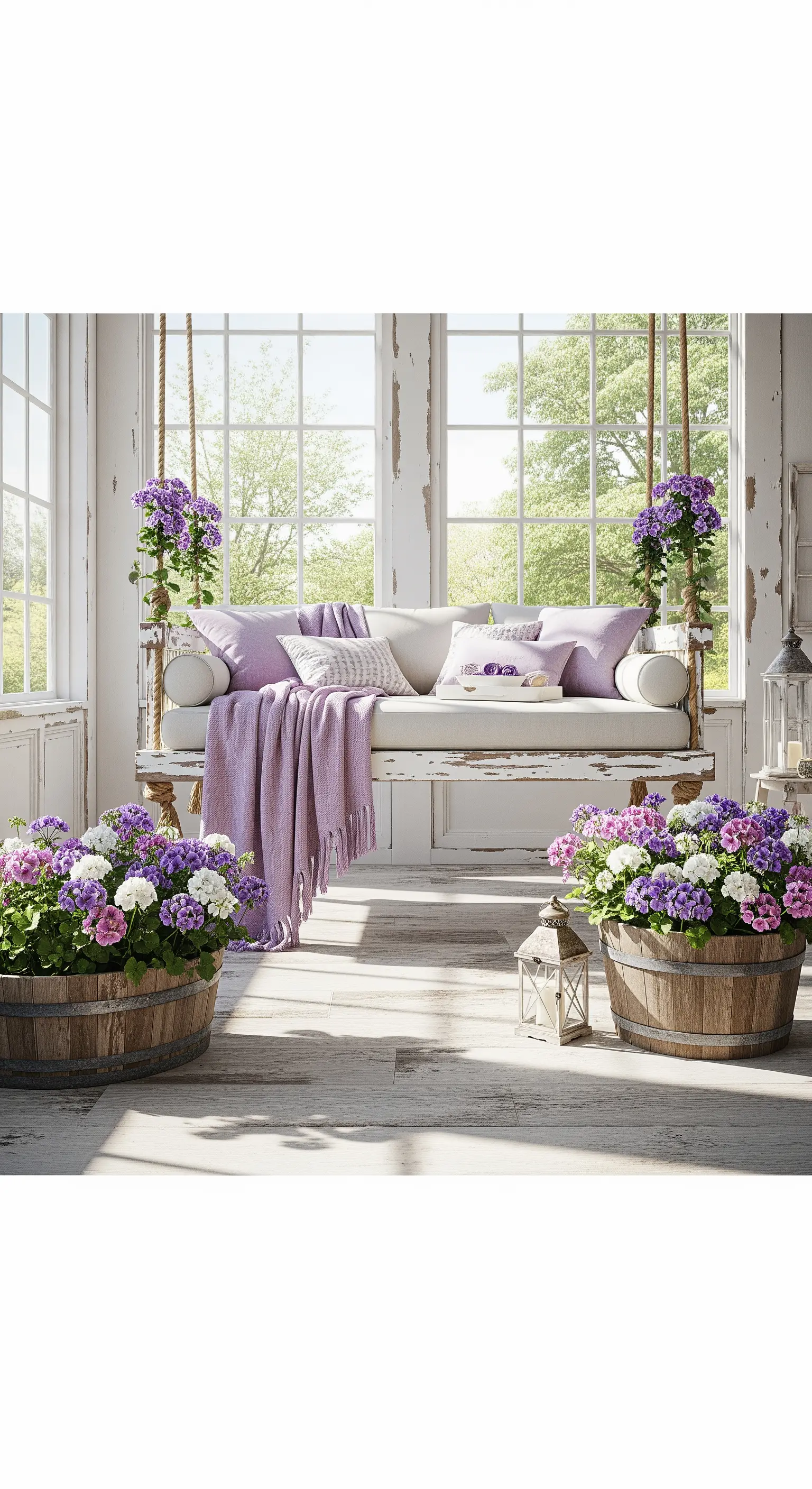 Divano a dondolo bianco sospeso, con cuscini color lavanda e grandi fioriere in legno.