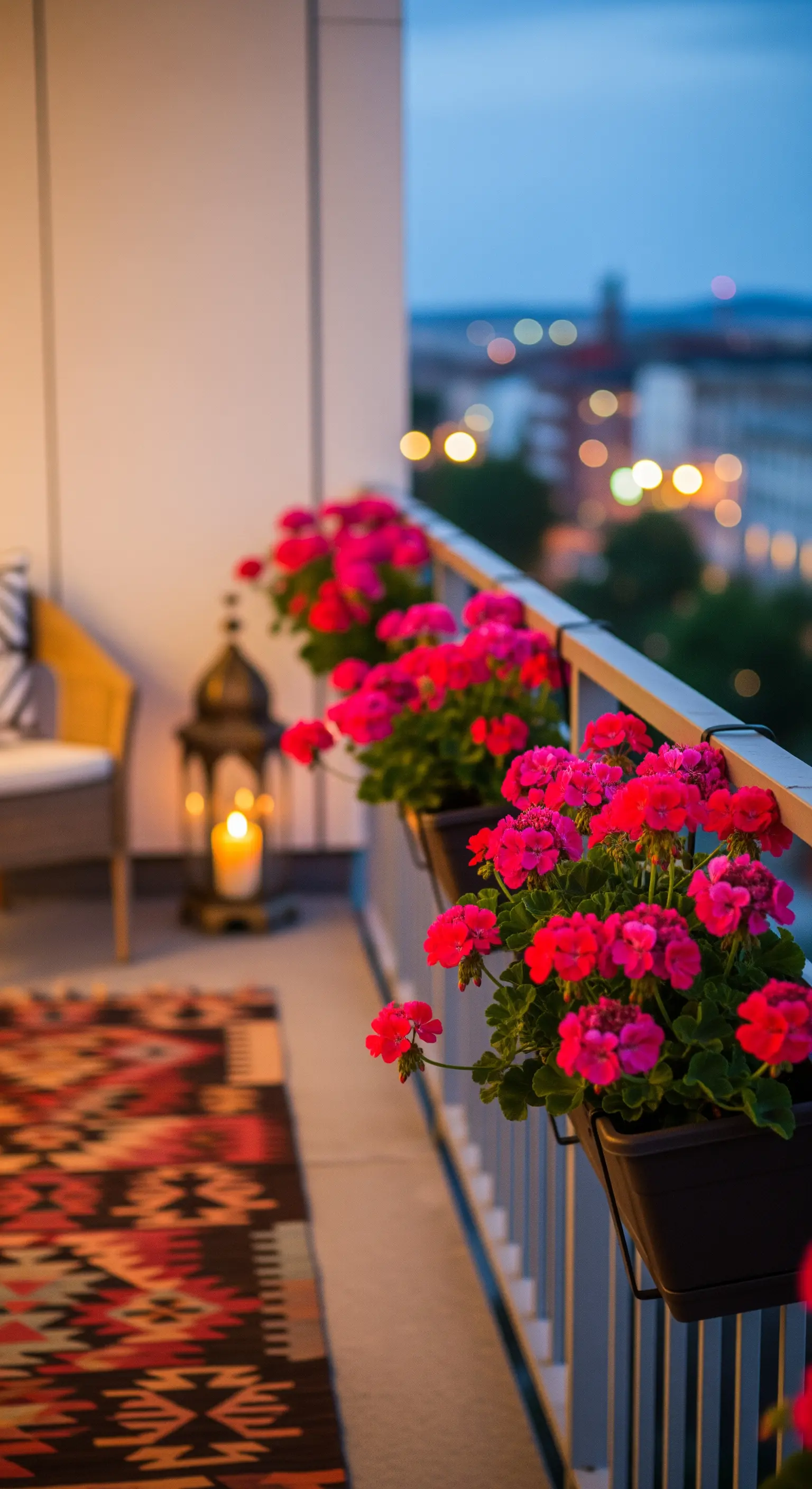 Fioriere di gerani fucsia sulla ringhiera di un balcone, con un tappeto kilim e una lanterna.