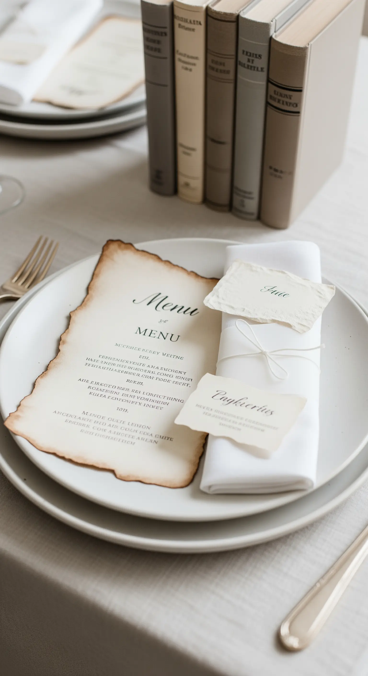 Piatto con menu su carta effetto pergamena e un centrotavola fatto di libri antichi.