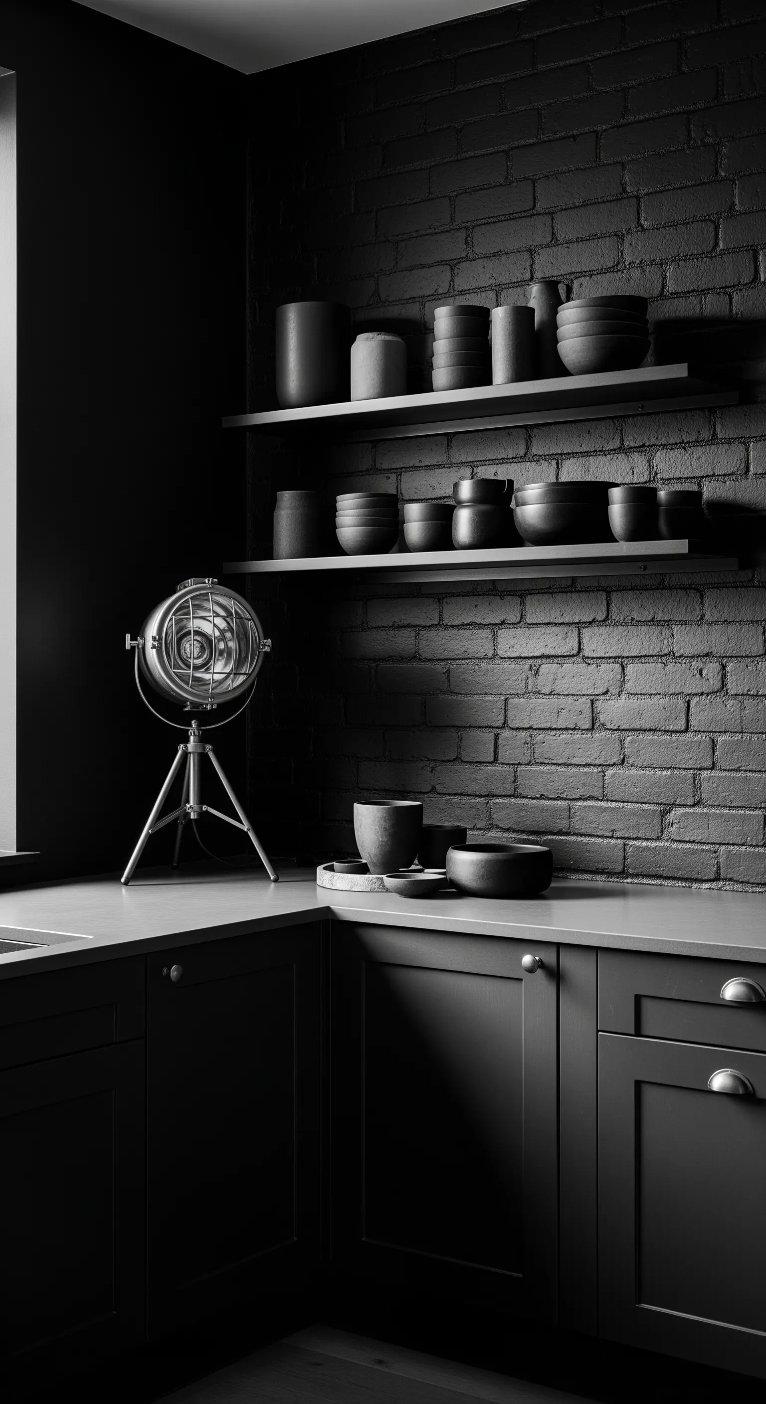 Angolo di una cucina total black con parete in mattoni e faretto da studio.