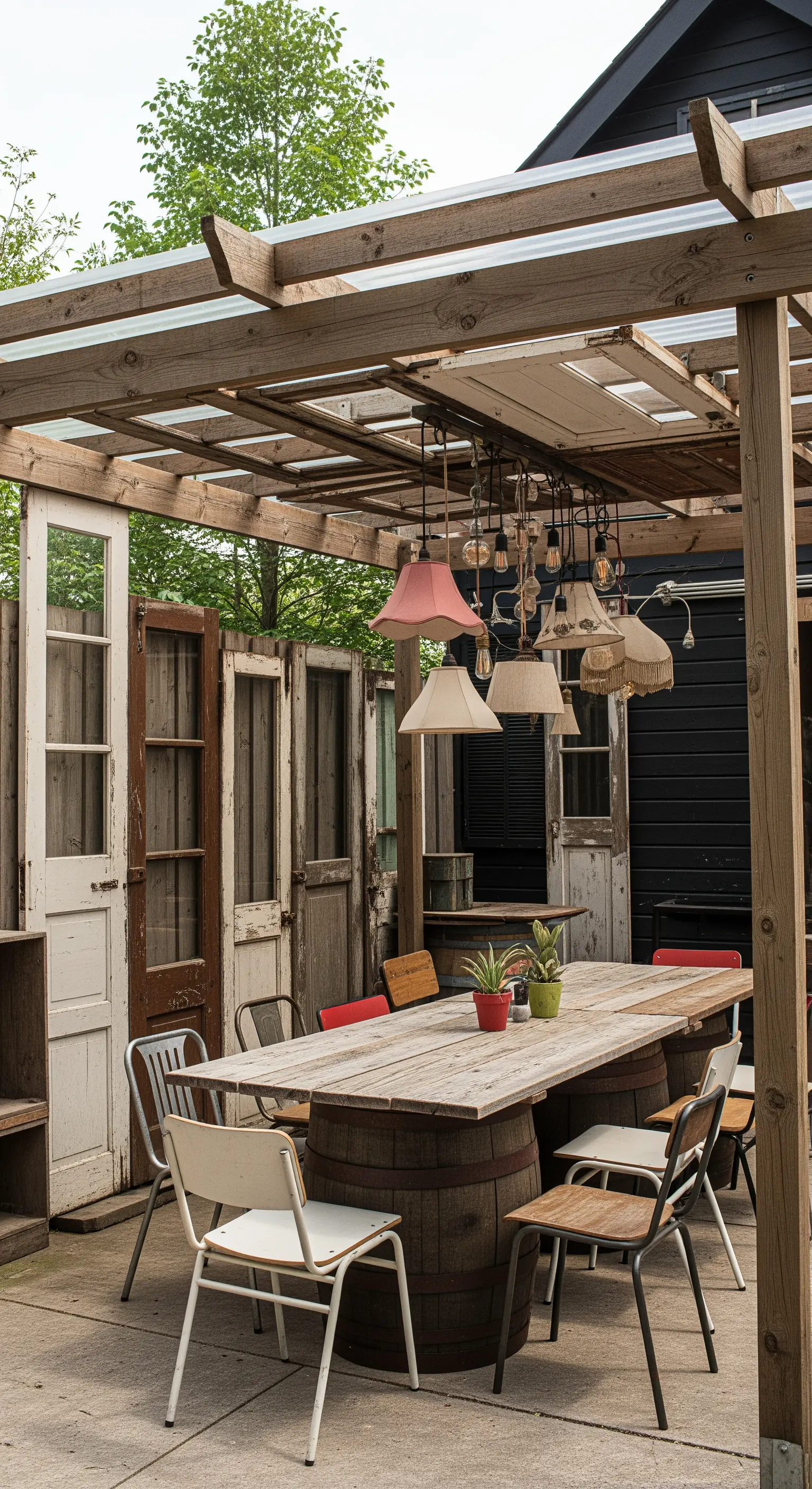 Patio eclettico con tavolo fatto di botti, sedie diverse e lampade di recupero.