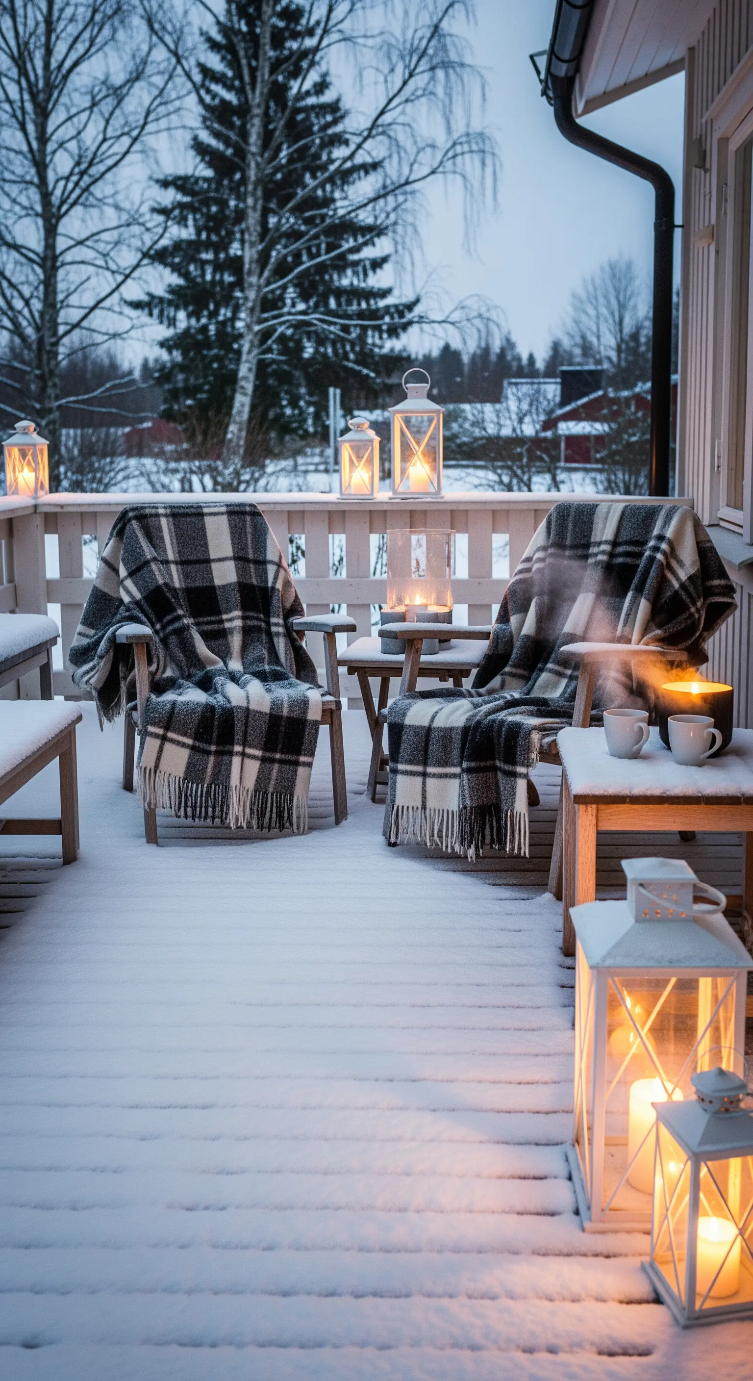 Portico innevato con due sedie coperte da plaid e lanterne accese nella neve.