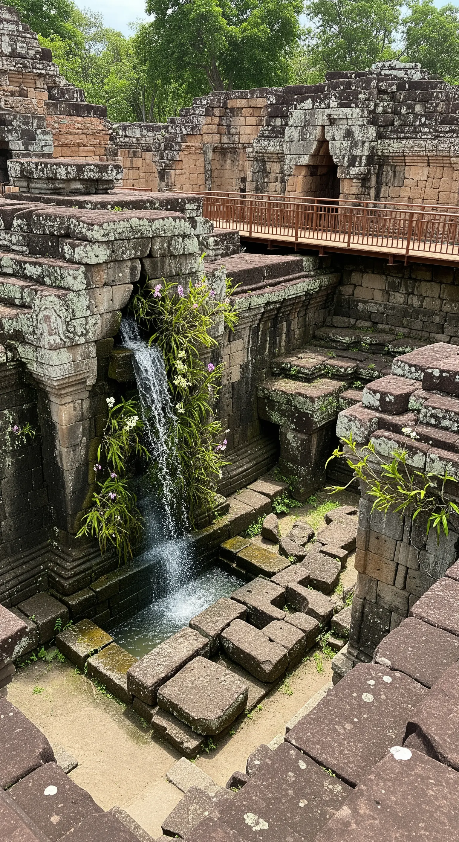 Cascata che sgorga da antiche rovine di un tempio in pietra con orchidee spontanee.