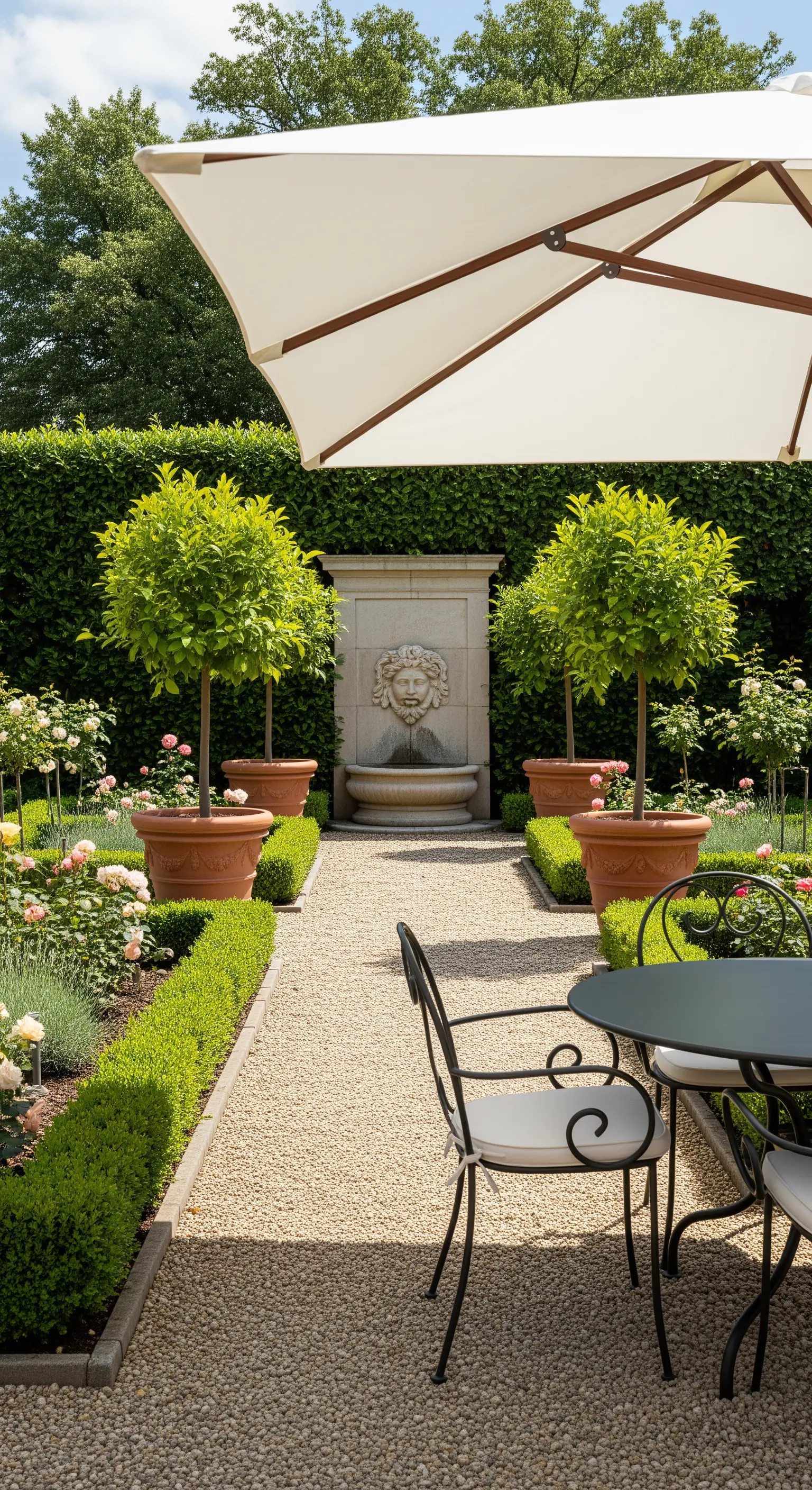 Vialetto in ghiaia in un giardino con alberelli in vaso di terracotta e una fontana a muro