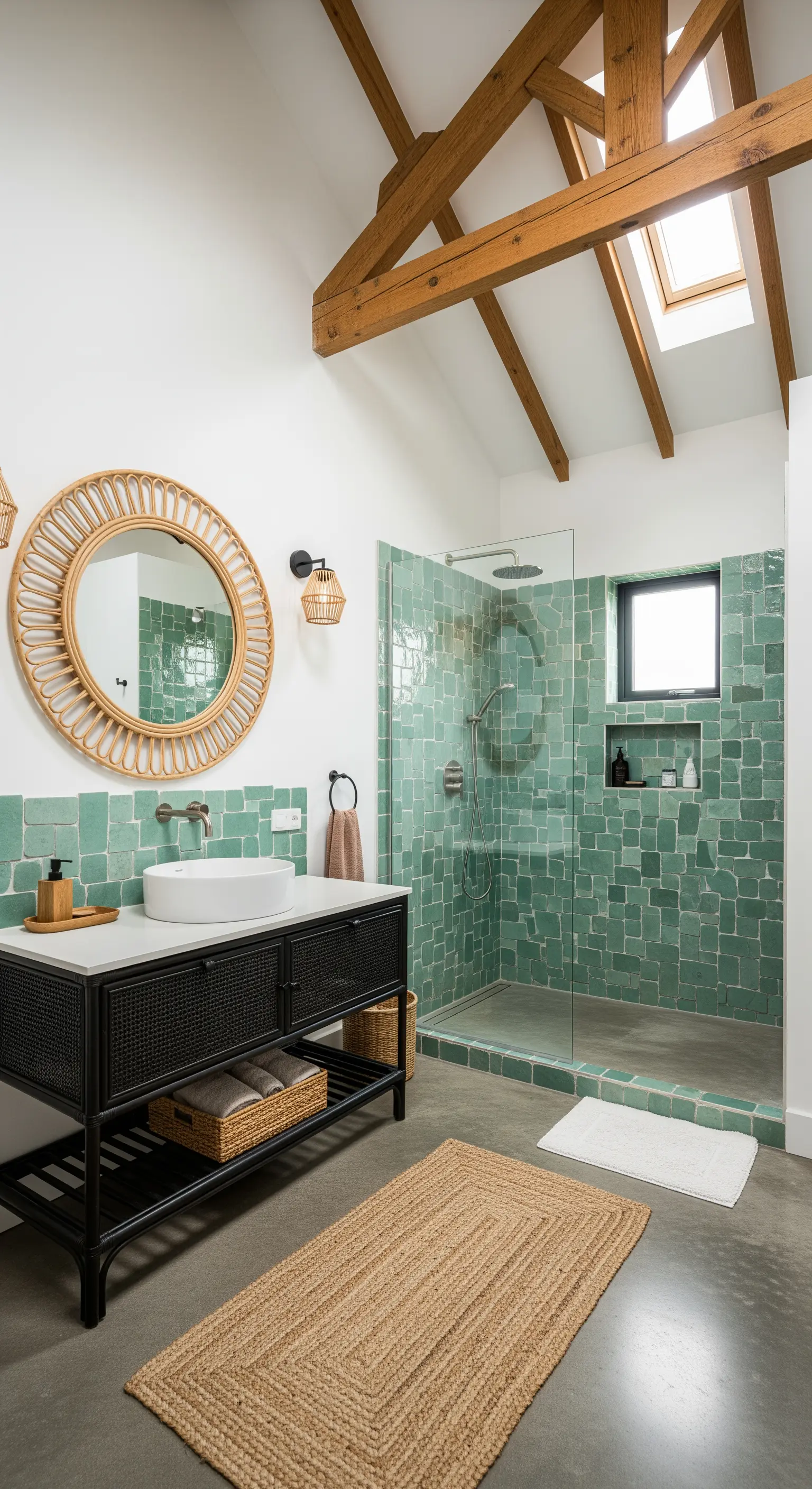 Bagno con doccia in piastrelle Zellige, mobile nero in rattan e travi in legno a vista.