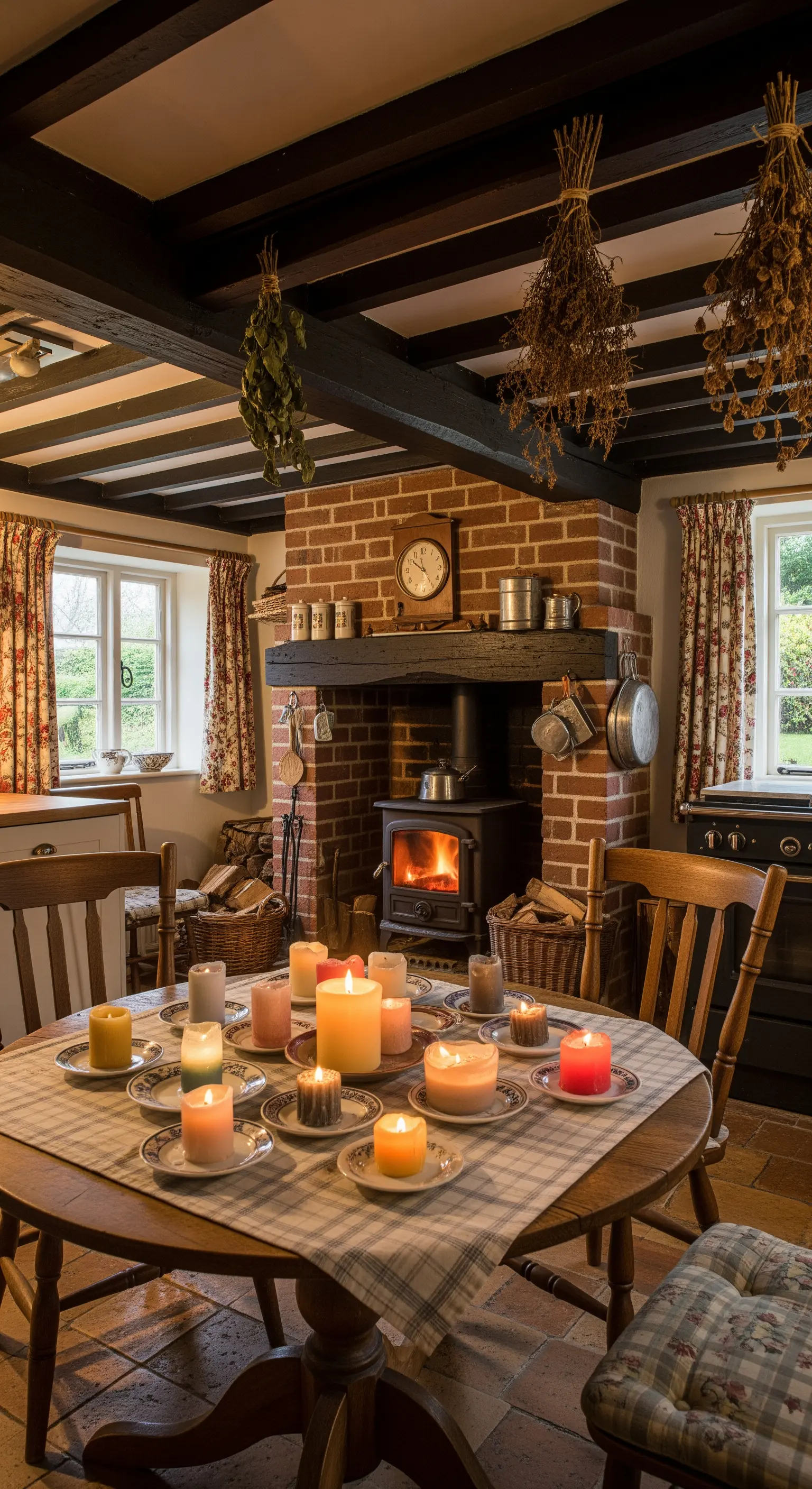 Cucina da cottage inglese con stufa a legna in un camino di mattoni e tavolo rotondo.
