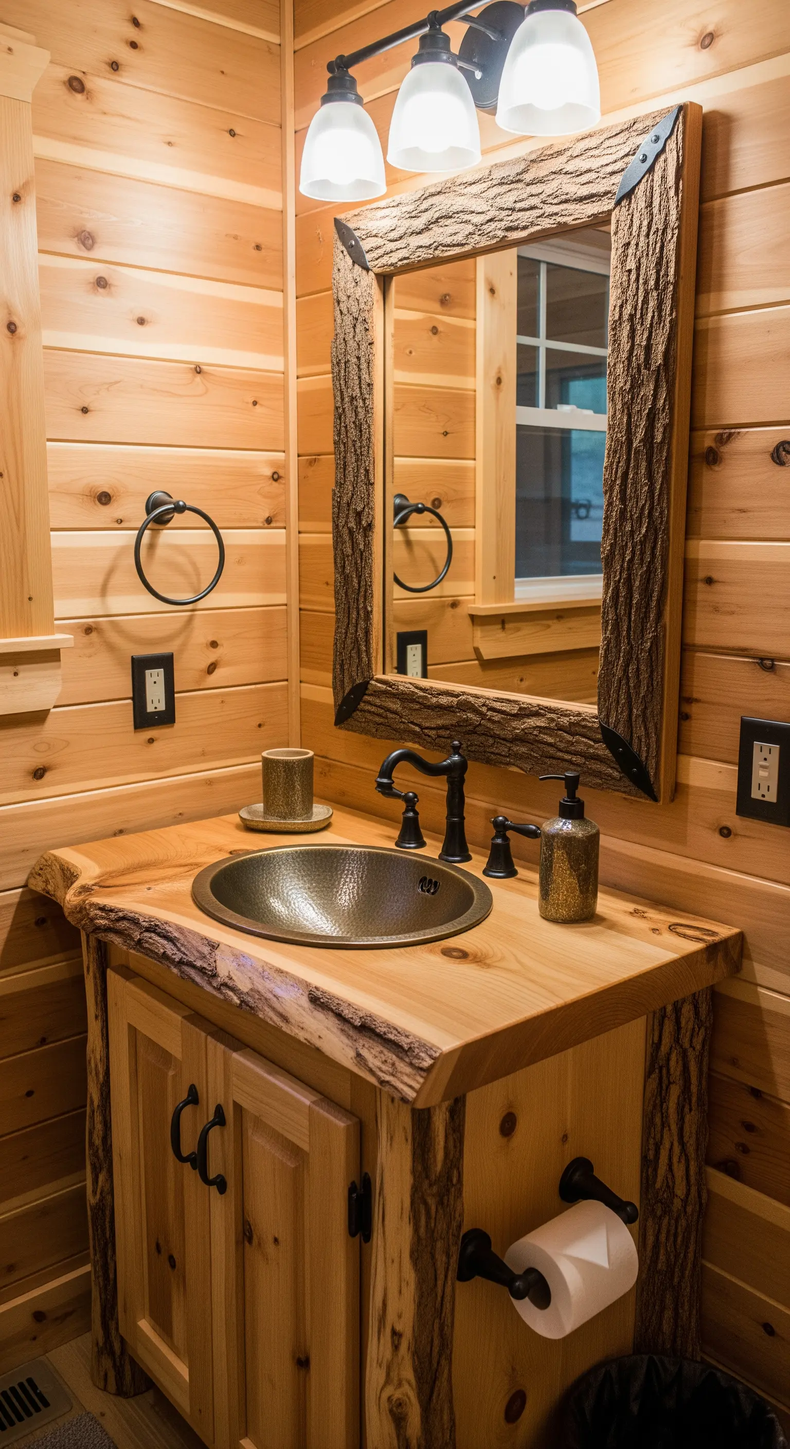 Mobile bagno in legno rustico con dettagli di corteccia e lavabo in metallo.