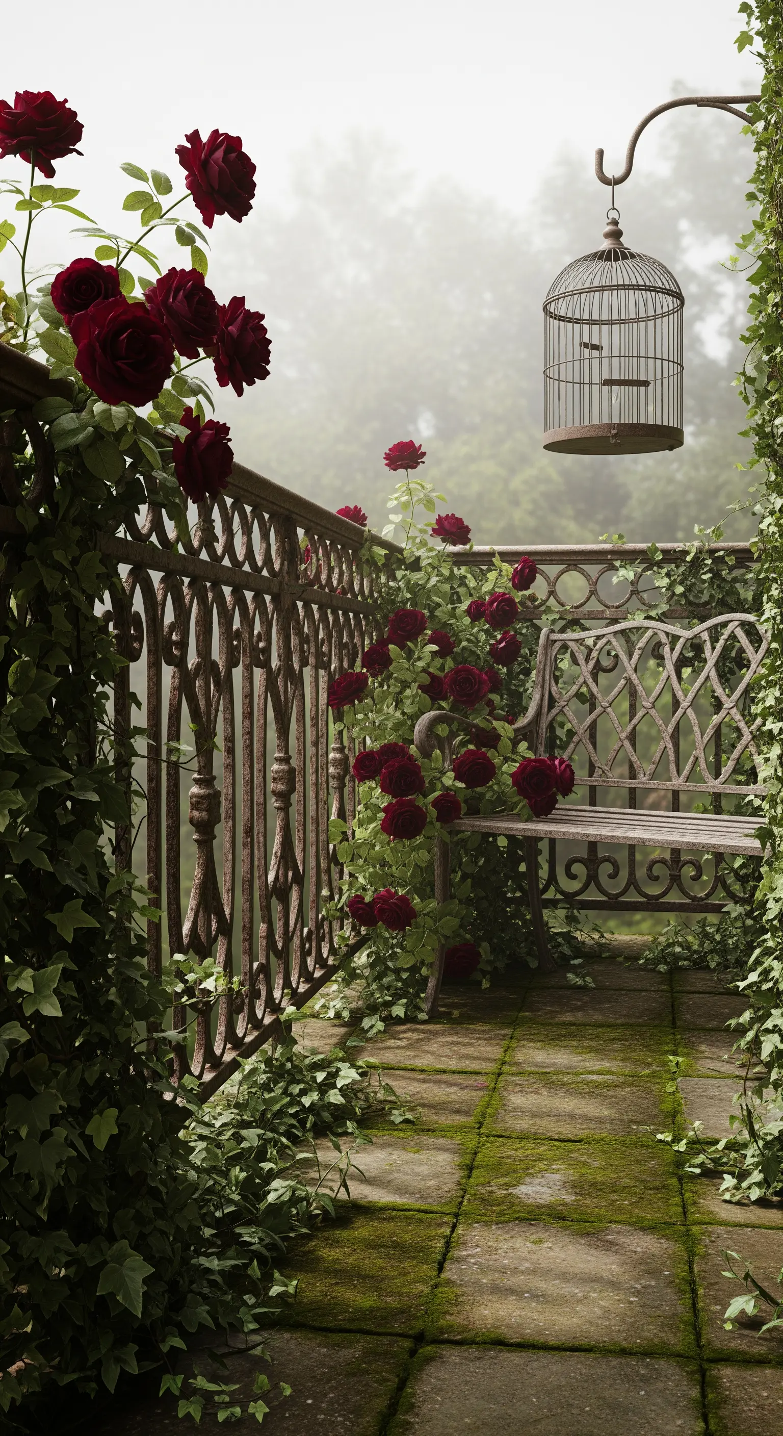 Balcone dall'aspetto antico con ringhiera arrugginita, rose rosse, edera e una gabbia per uccelli.