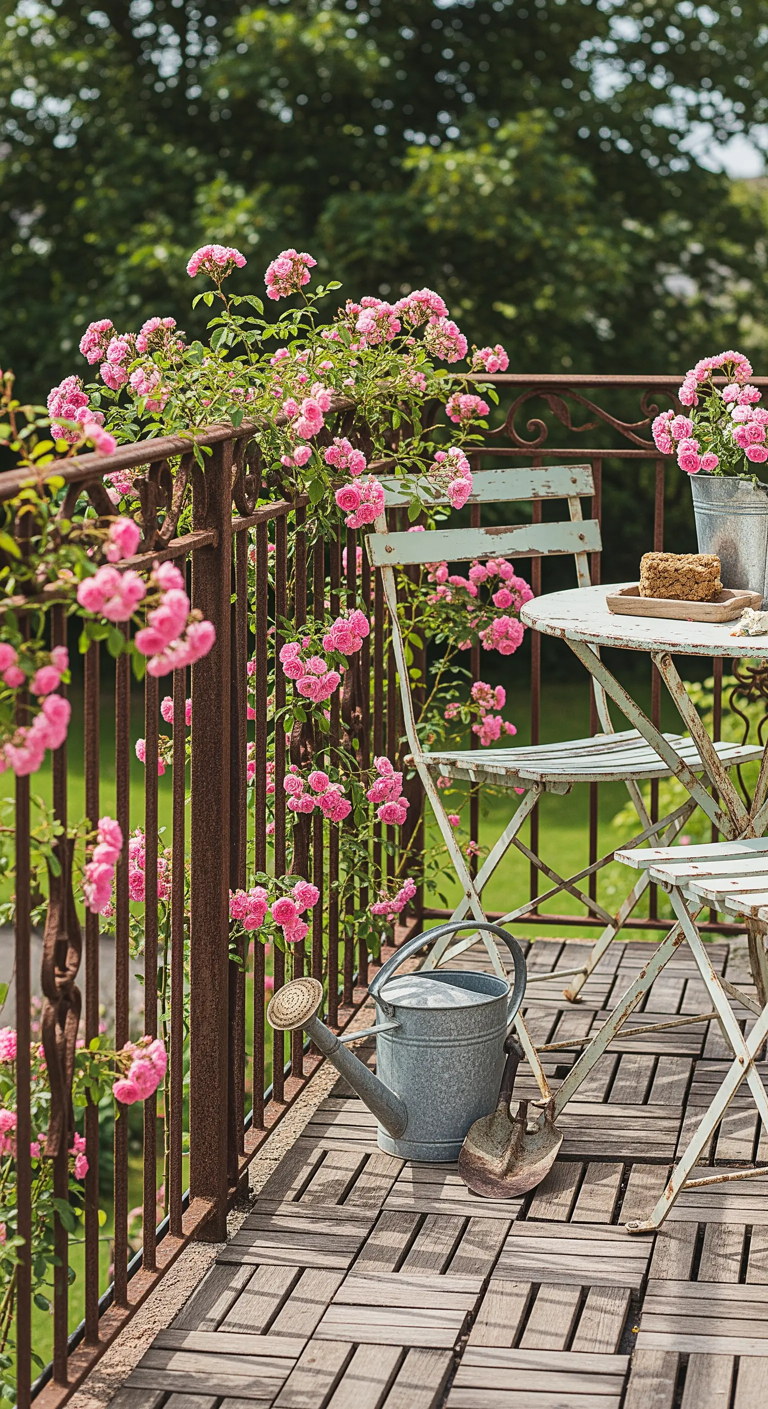 Balcone rustico con arredi shabby chic, ringhiera arrugginita e rose rosa.