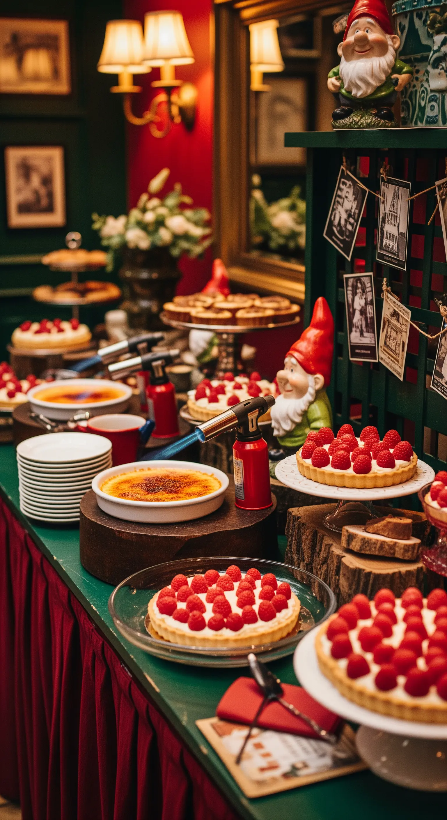 Buffet di dolci ispirato ad Amélie, con crostate di lamponi, crème brûlée e decorazioni eccentriche