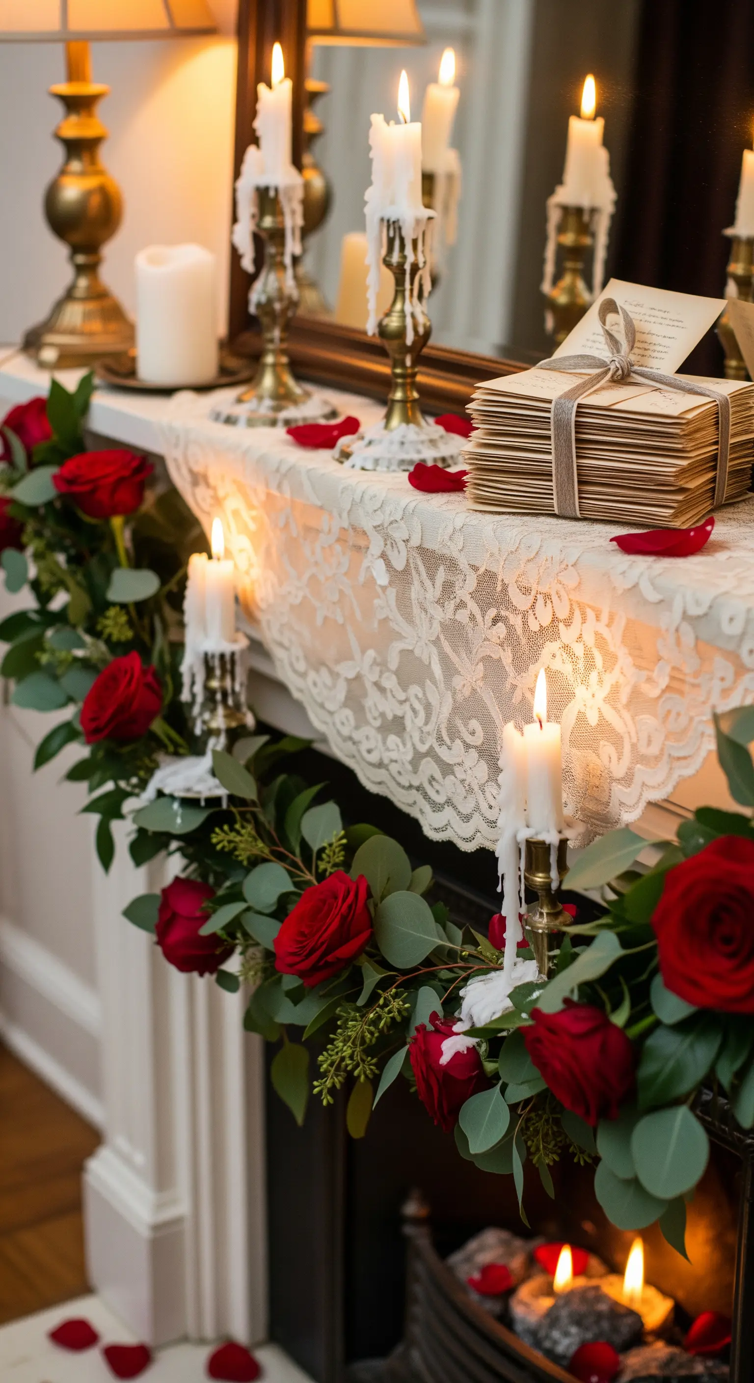 Mensola del camino decorata con una ghirlanda di rose ed eucalipto, pizzo e candelabri vintage.