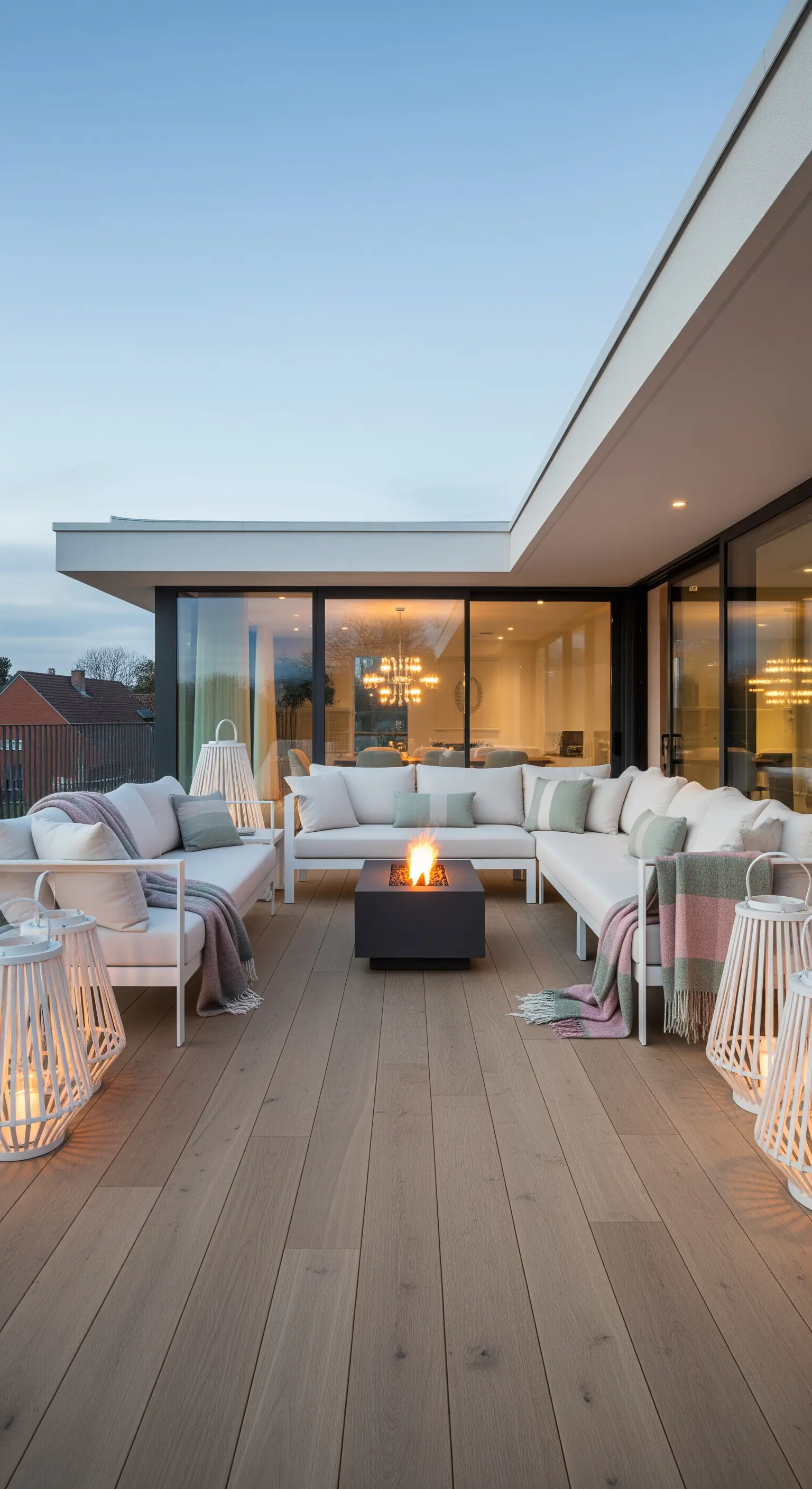 Terrazza moderna con divani bianchi, braciere centrale acceso e grandi lanterne decorative.