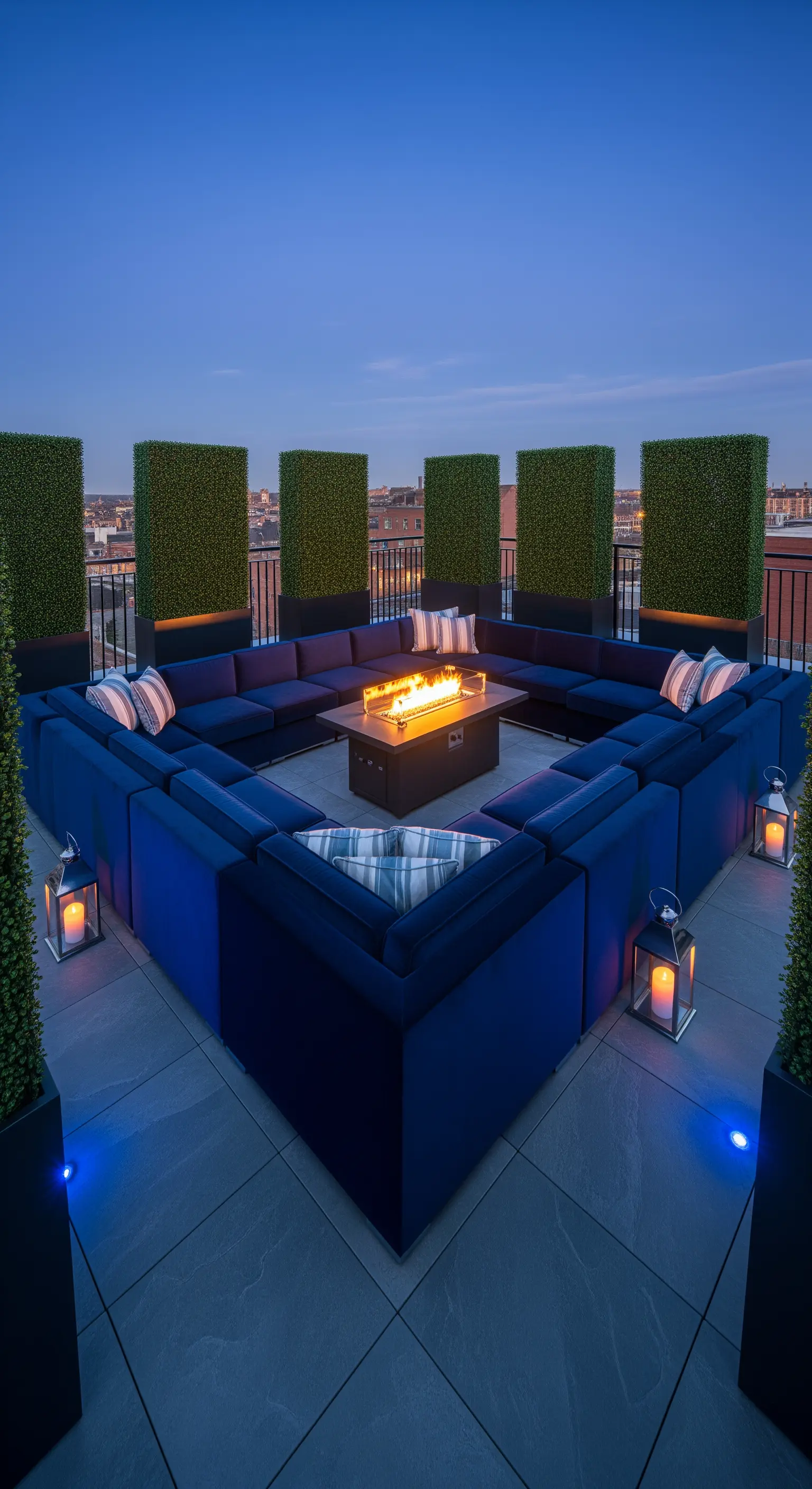 Terrazza panoramica con grande divano modulare blu, braciere centrale e siepi artificiali.