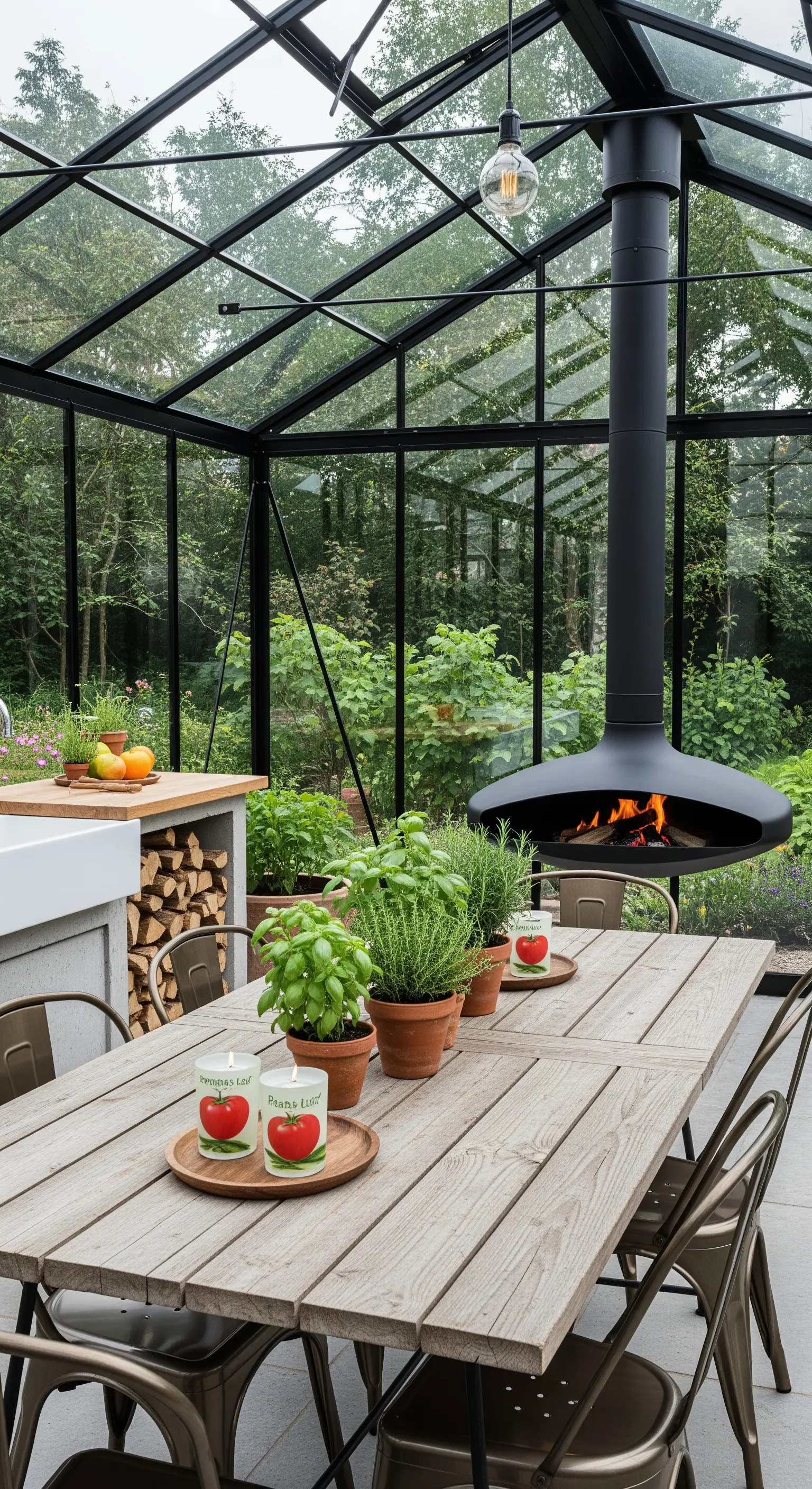 Moderna cucina in una veranda di vetro con camino nero sospeso e un tavolo da pranzo in legno.