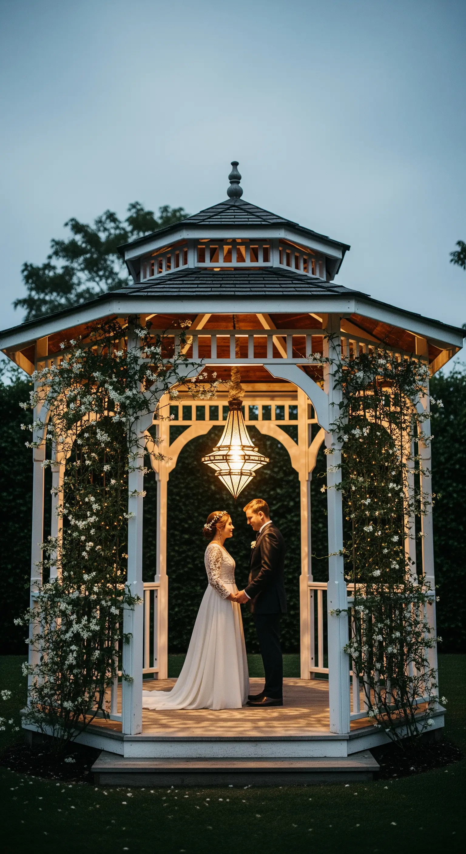 Coppia di sposi all'interno di un gazebo bianco illuminato da un unico, grande lampadario centrale