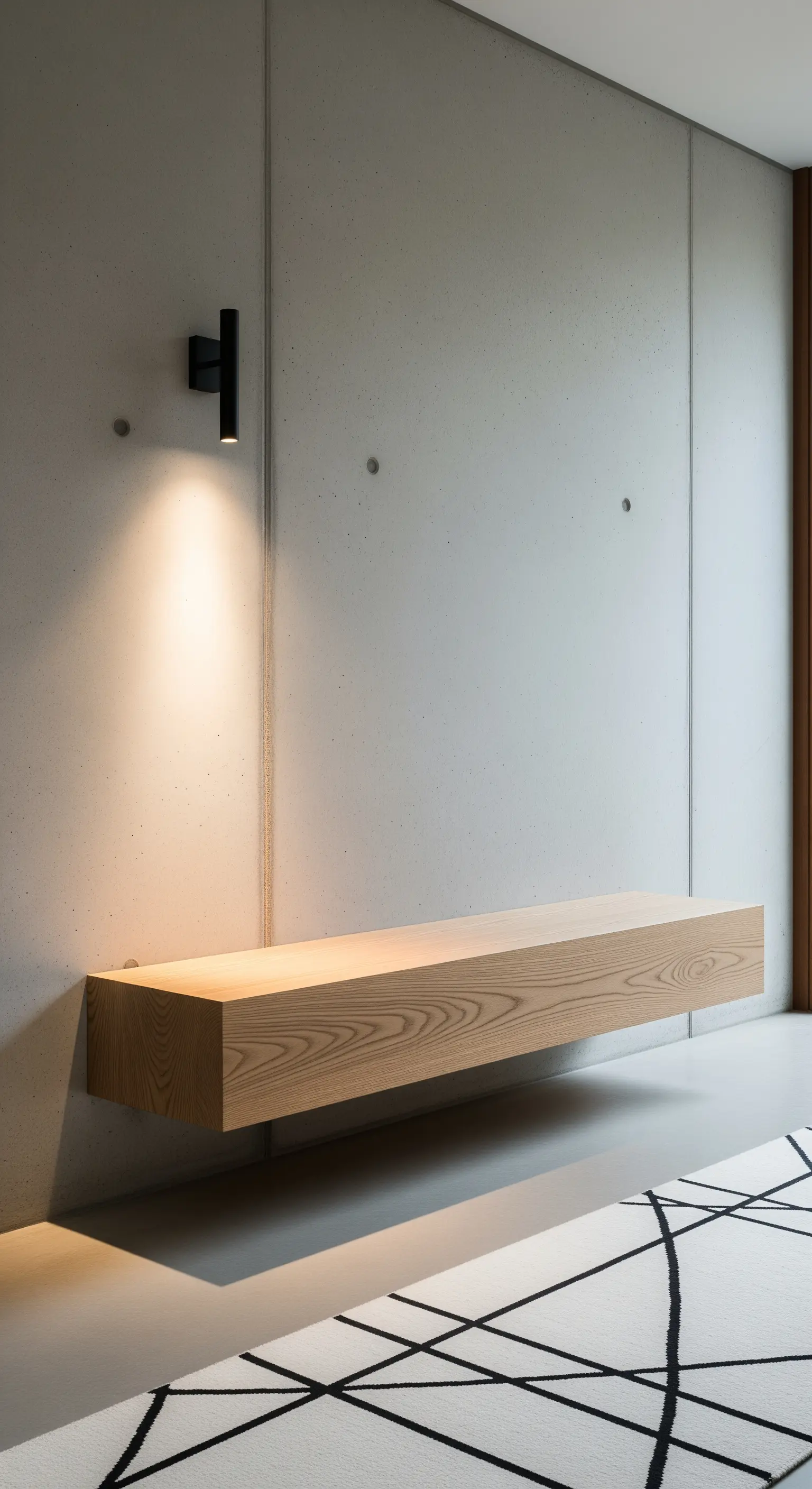 Ambiente minimalista con panca in legno sospesa su parete di cemento.