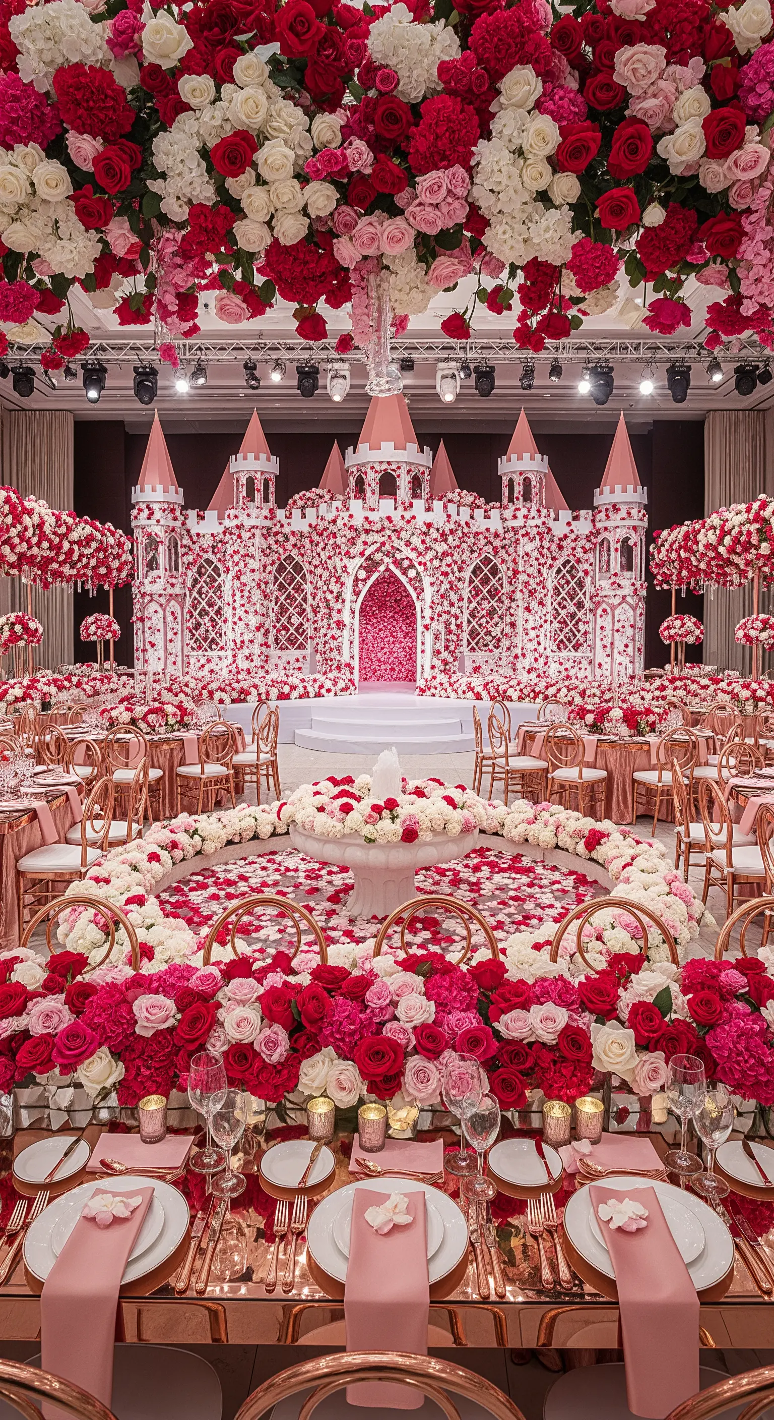 Salone per feste decorato con un castello rosa e un'incredibile quantità di rose rosse.