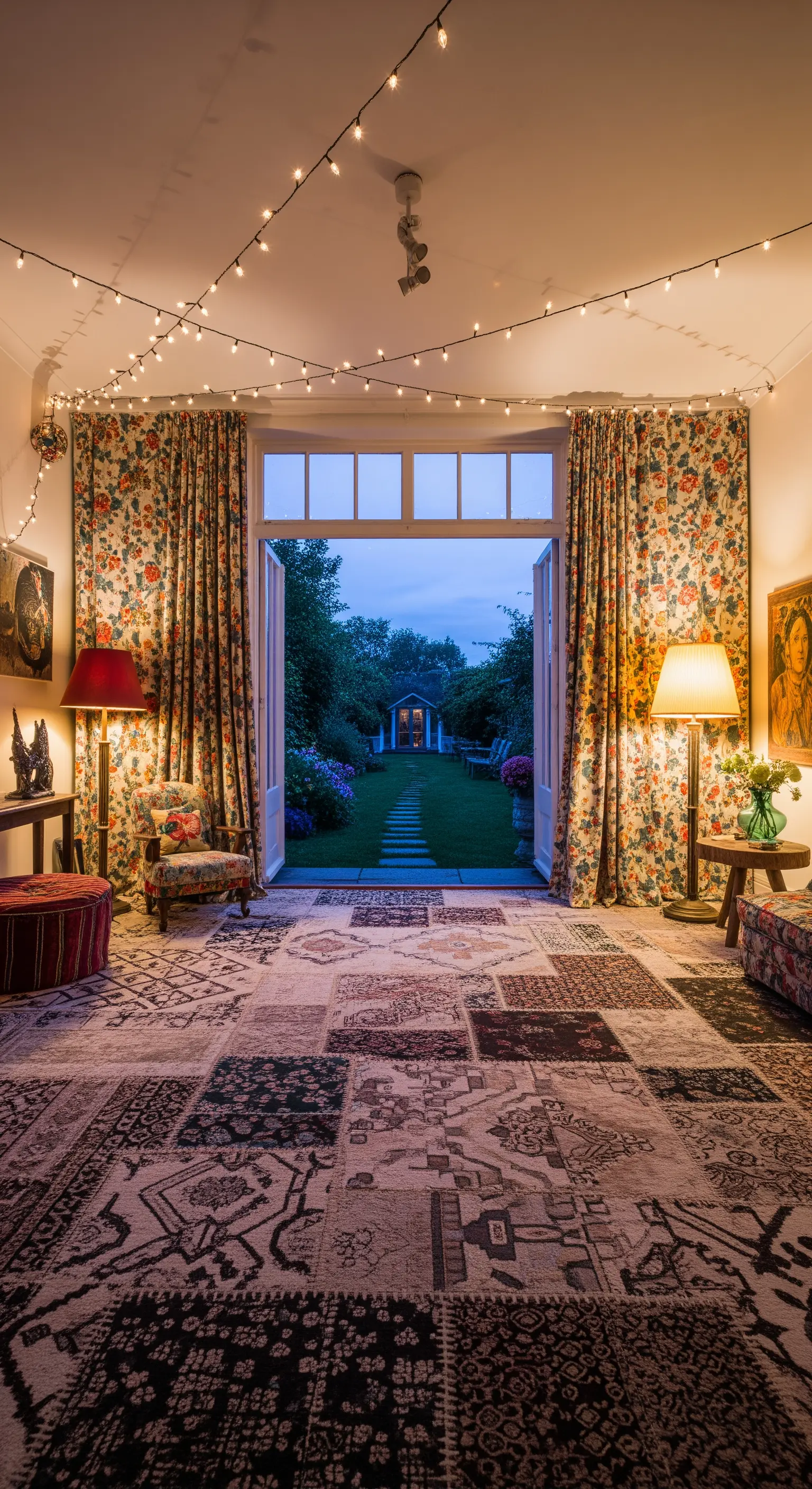 Salotto con un grande tappeto patchwork che si affaccia su un giardino attraverso porte aperte.