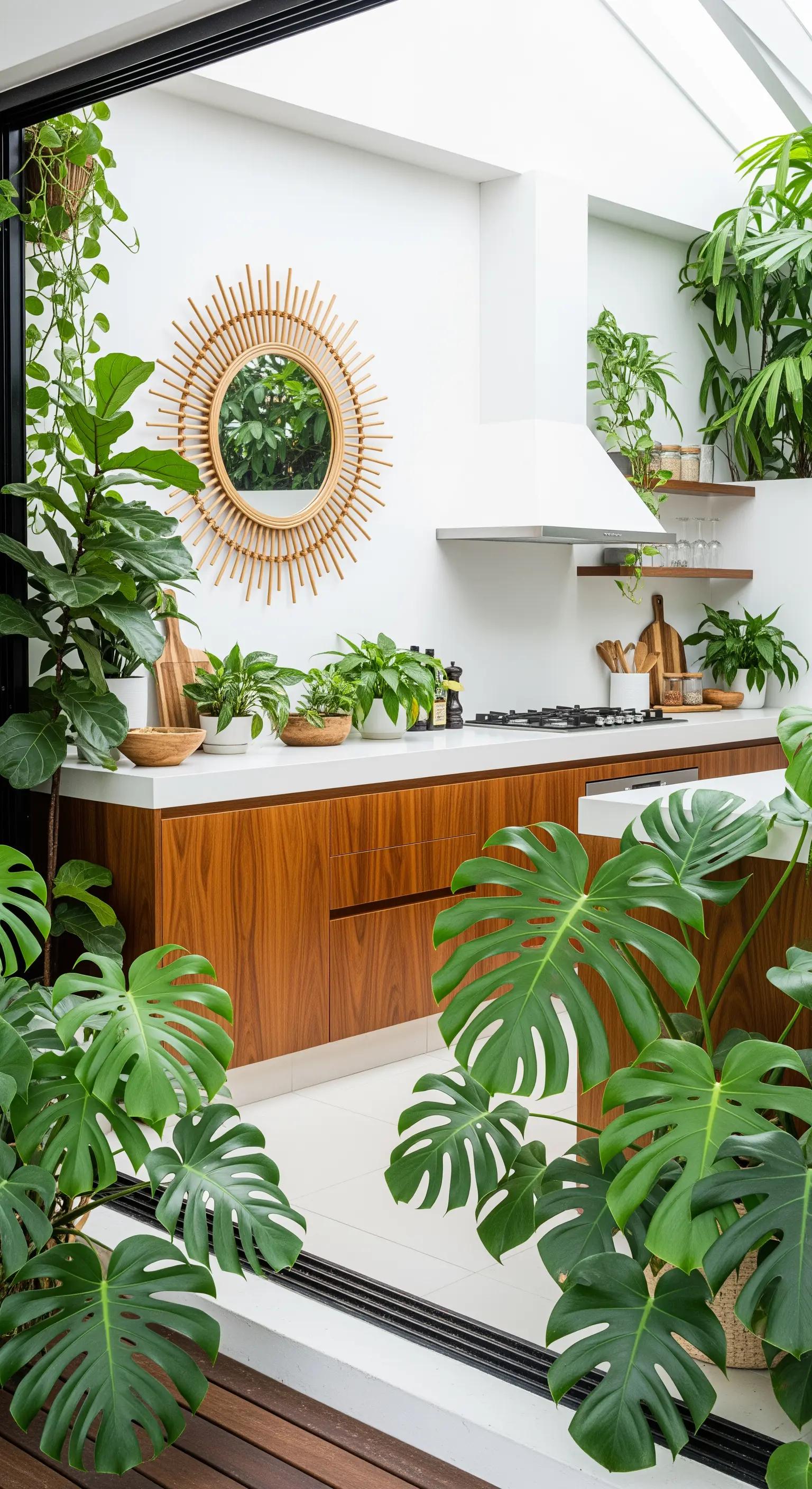 Specchio a raggiera in rattan che riflette piante tropicali in una cucina luminosa.
