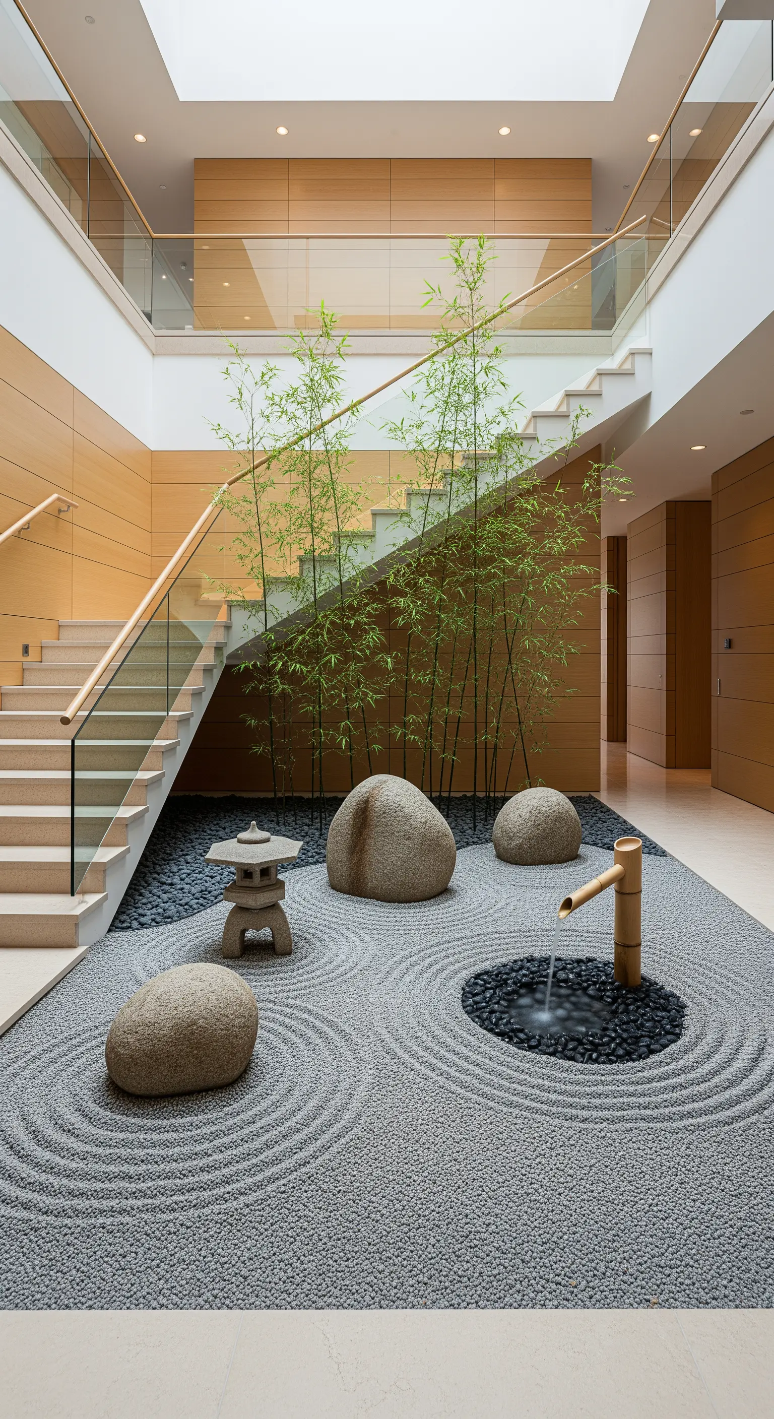 Giardino zen con sabbia rastrellata e rocce, situato sotto una scala moderna a giorno.