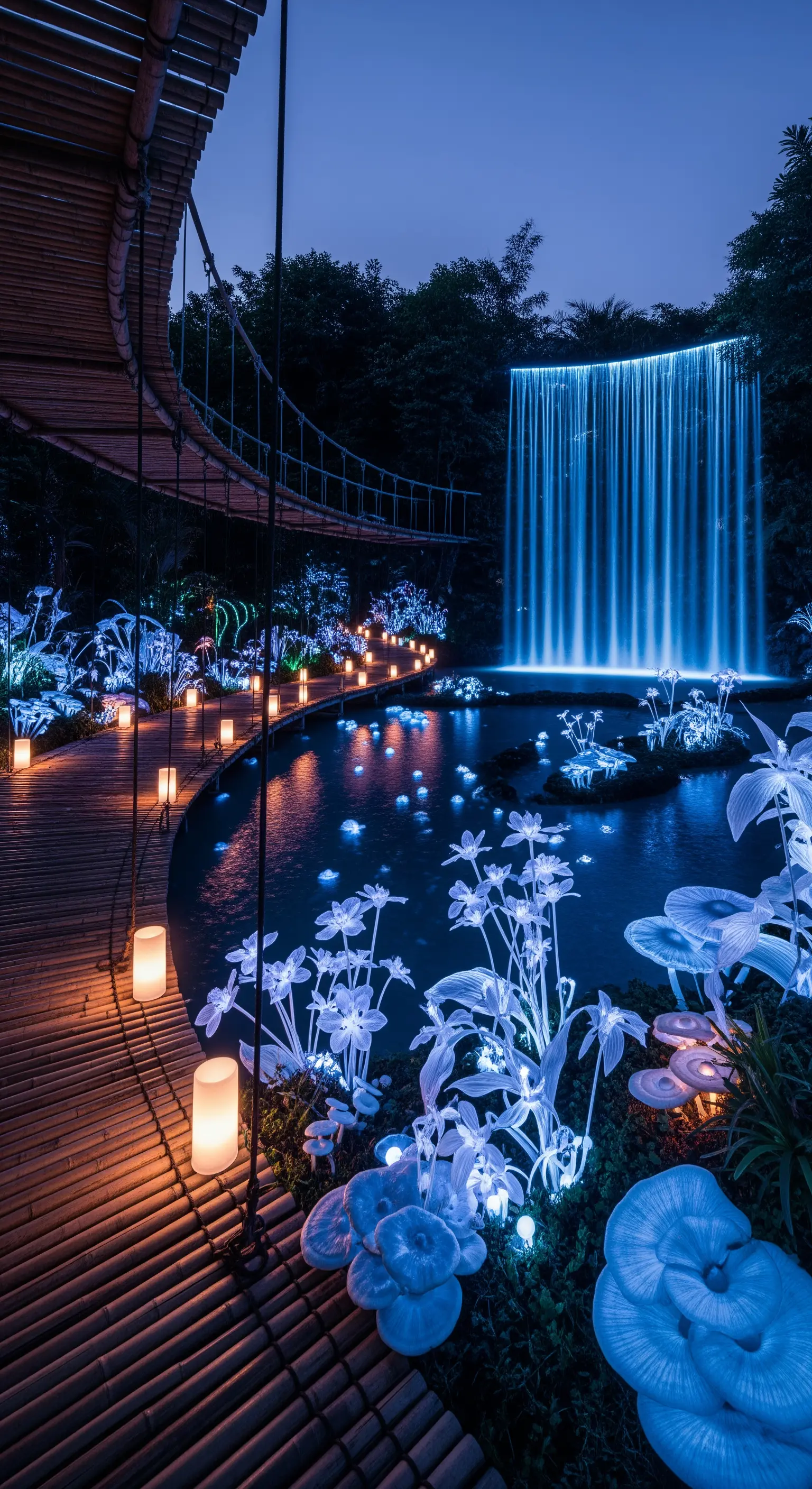 Giardino notturno con sentiero illuminato, piante luminescenti e cascata blu.