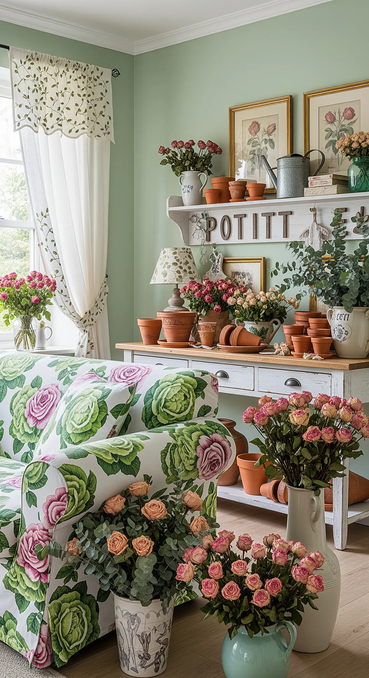 Salotto a tema giardino con divano a fiori, parete verde salvia e vasi in terracotta.