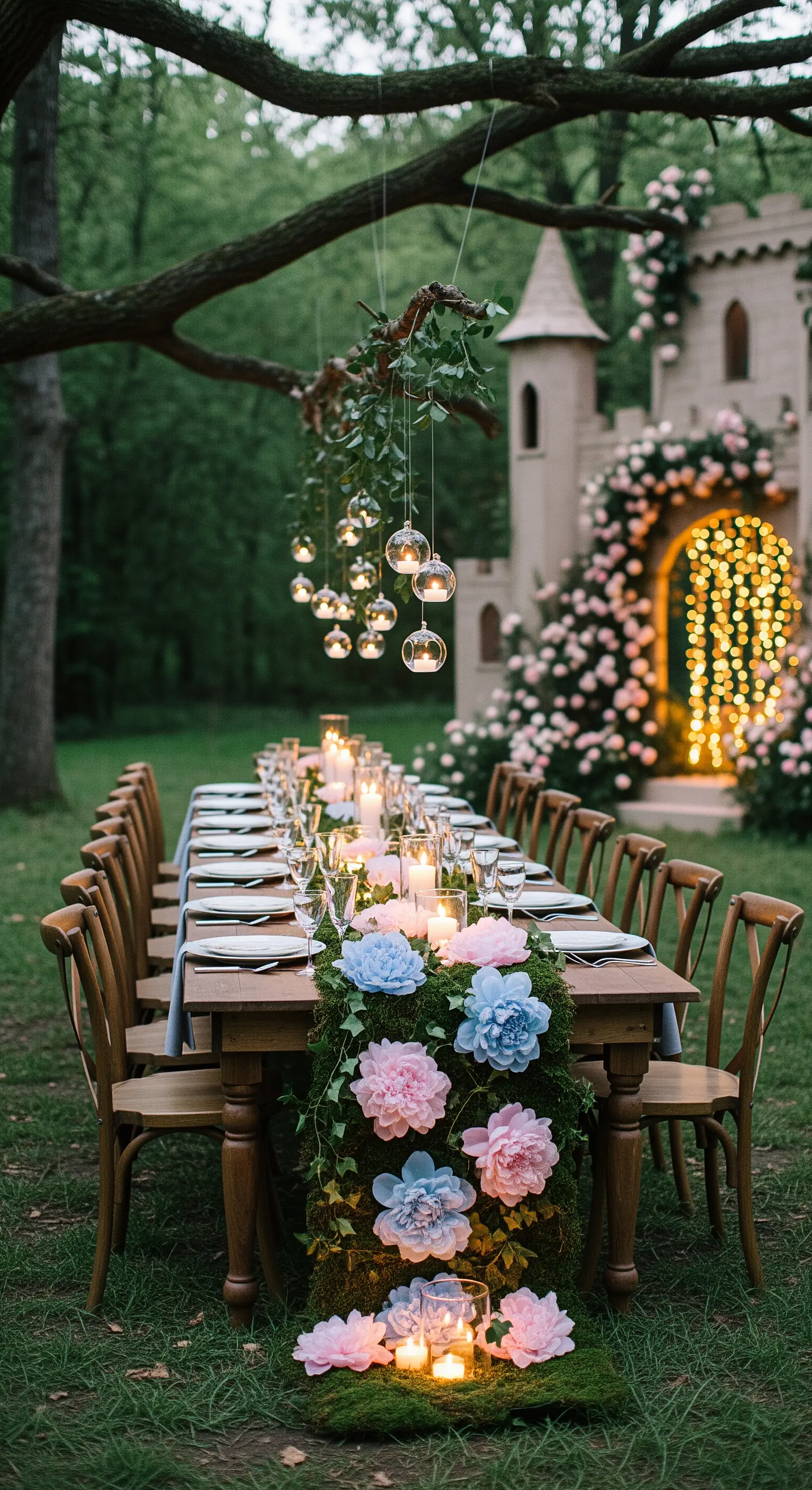 Tavolata in un giardino incantato con runner di fiori rosa e blu e un castello sullo sfondo.