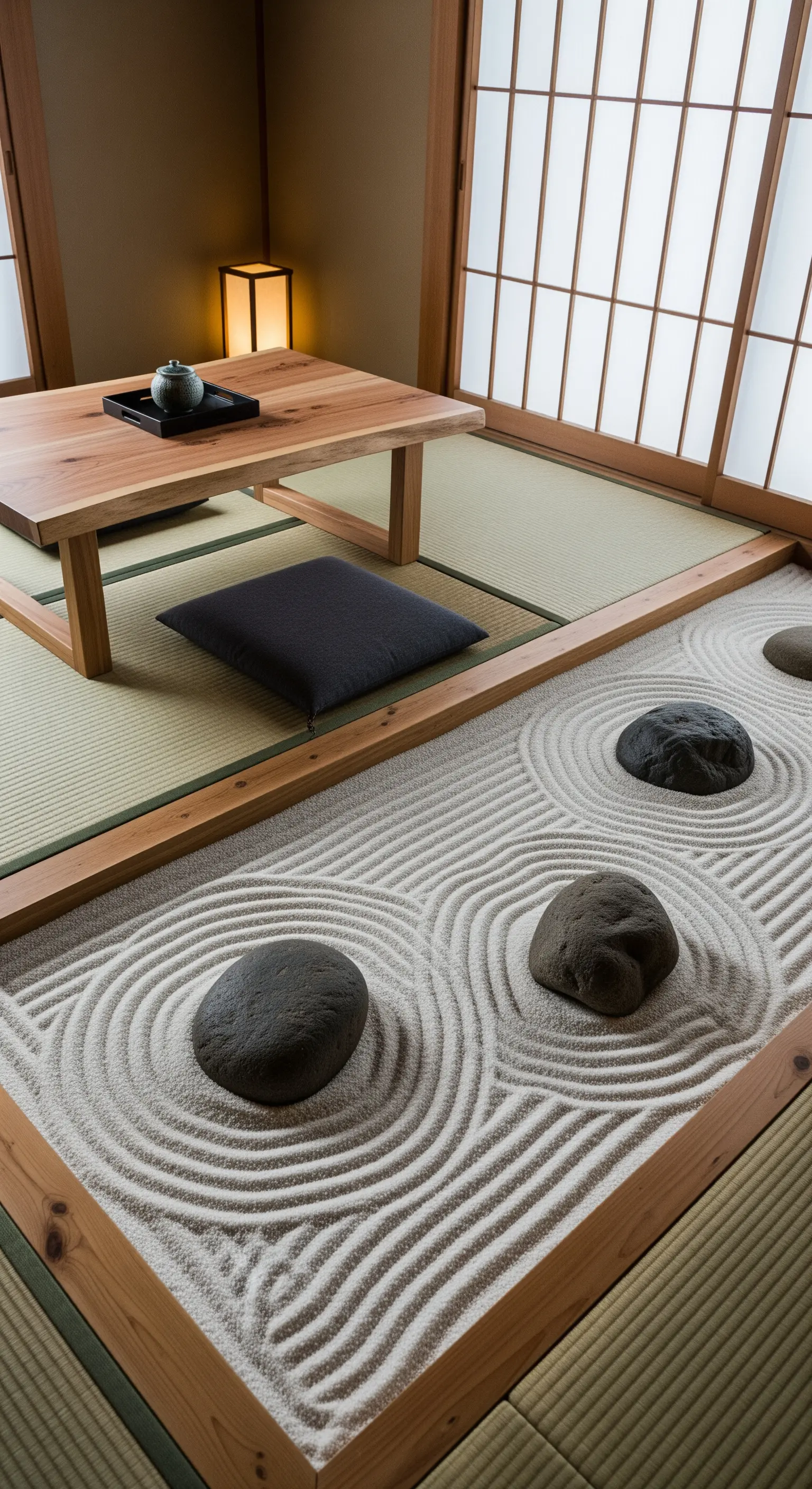 Giardino zen interno con sabbia rastrellata e pietre scure, accanto a un'area con tatami e tavolino.