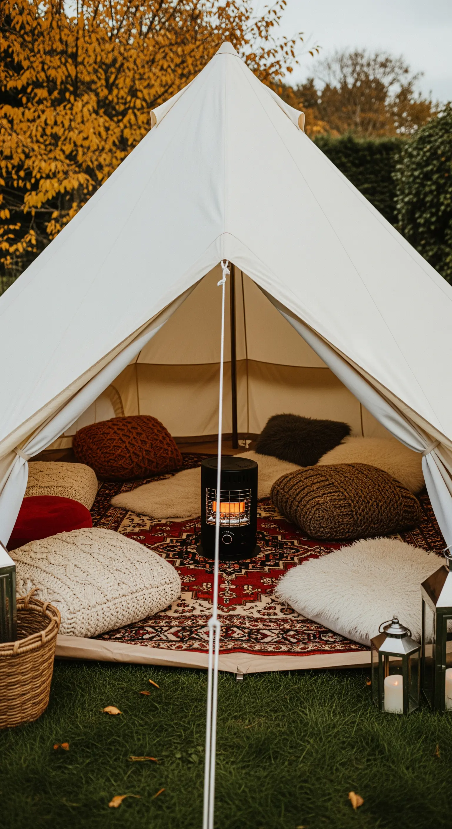 Interno di una tenda da glamping con tappeto persiano, cuscini e stufa.