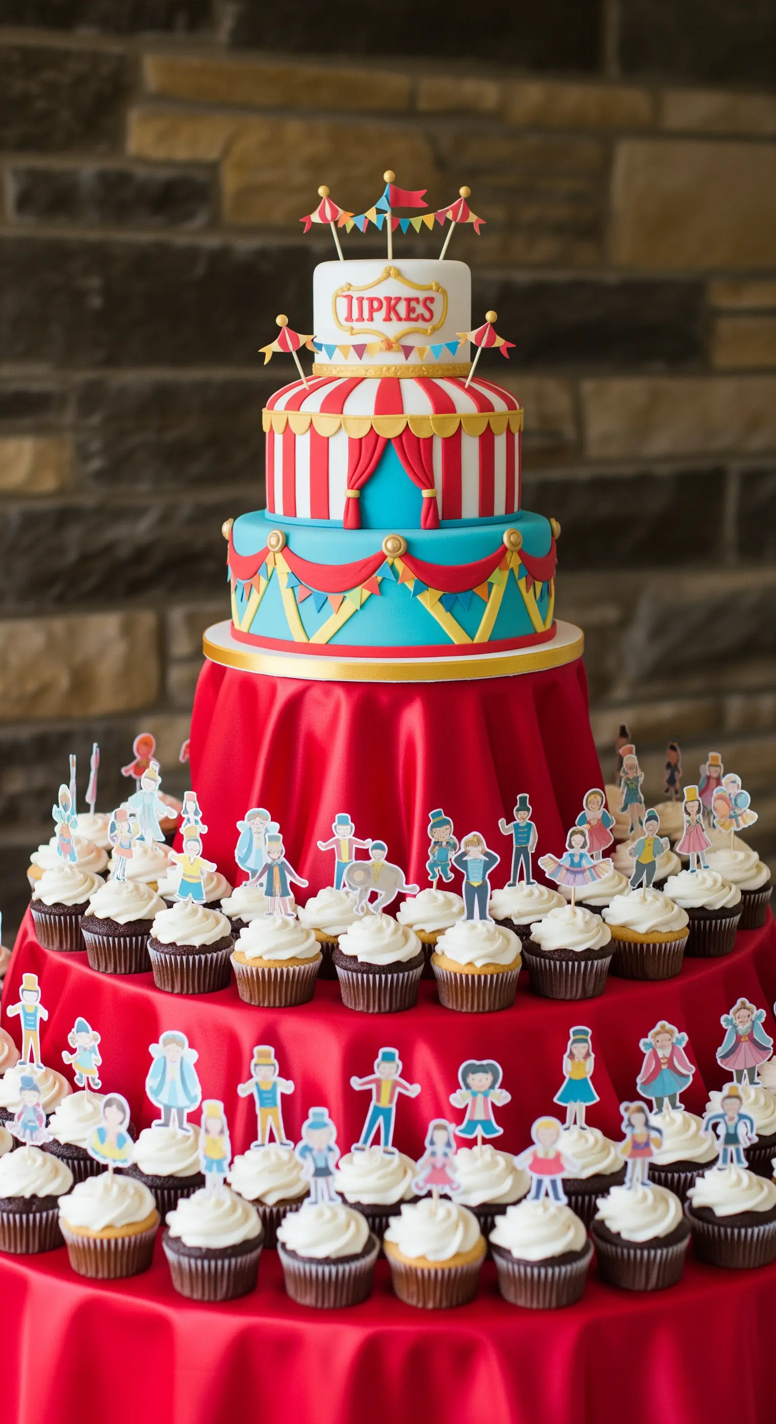 Torta a tema circo su un tavolo rosso, circondata da cupcake con topper a forma di personaggi.