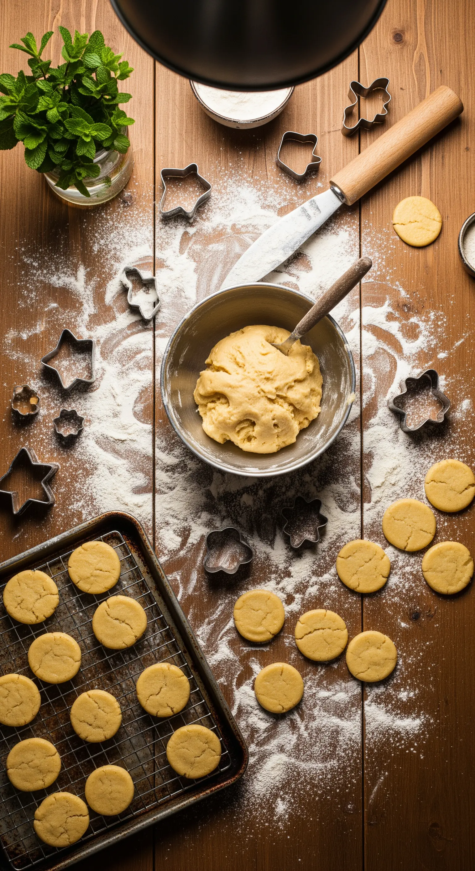 Scena dall'alto di un tavolo da cucina in legno con impasto per biscotti, farina e formine.