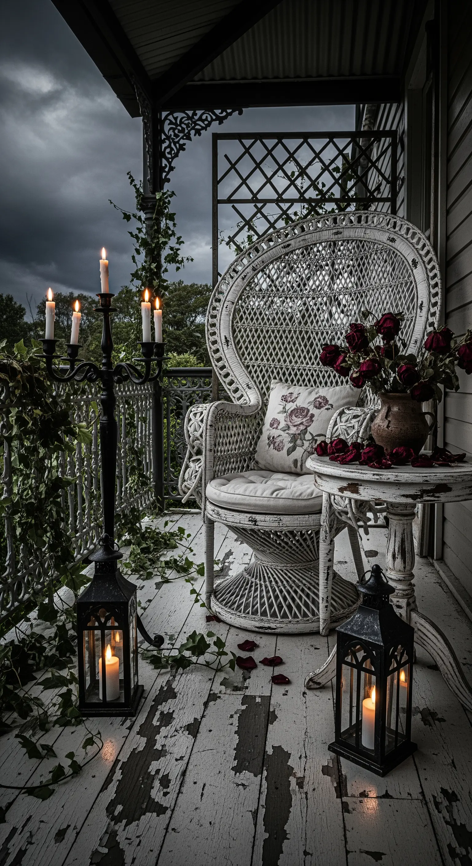 Veranda gotica con poltrona pavone bianca, candelabro nero e rose rosse.