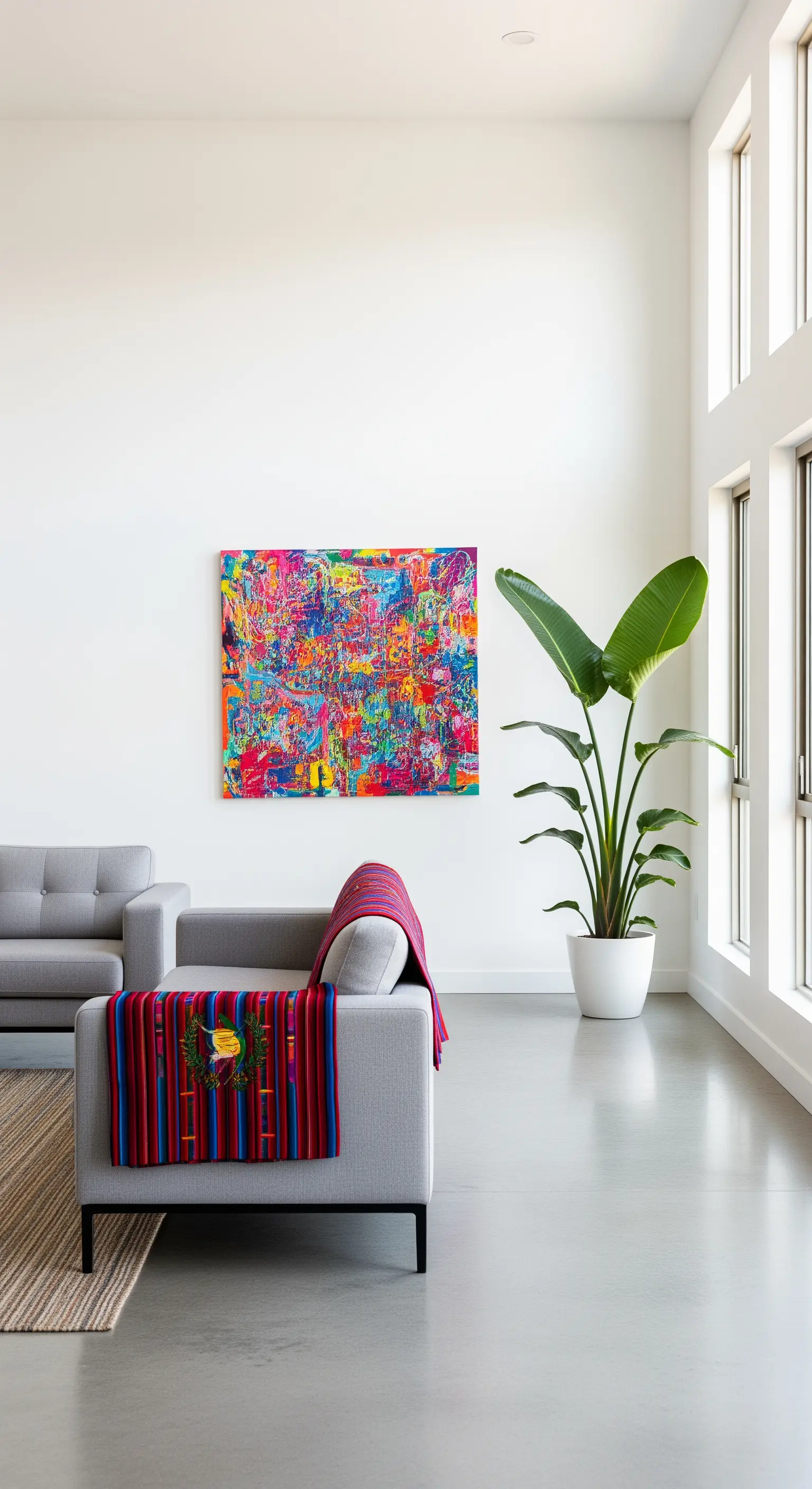 Spazio minimalista con pareti bianche, un quadro astratto molto colorato e una grande pianta.