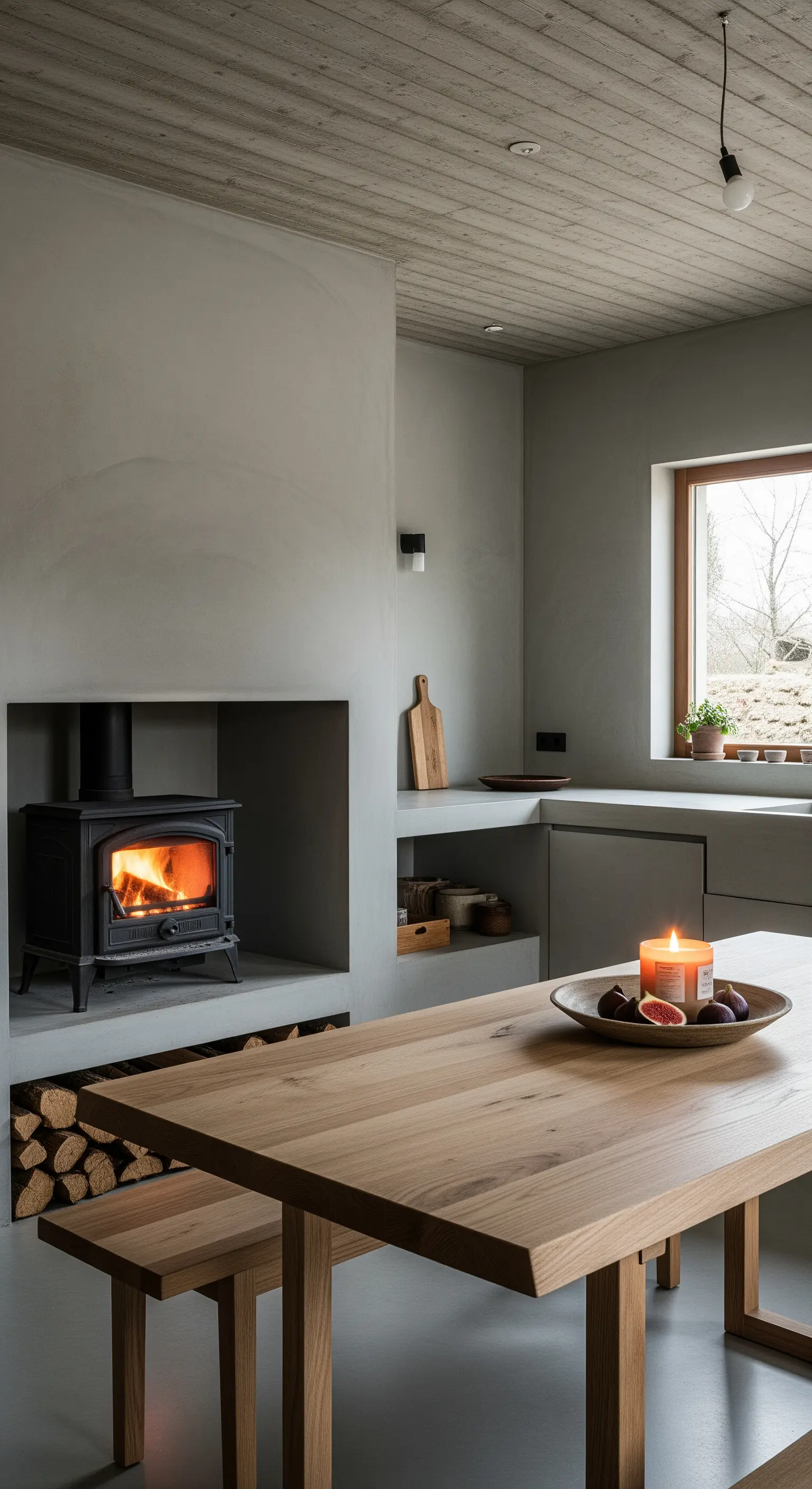 Cucina minimalista con pareti in cemento, stufa a legna in una nicchia e tavolo in rovere.