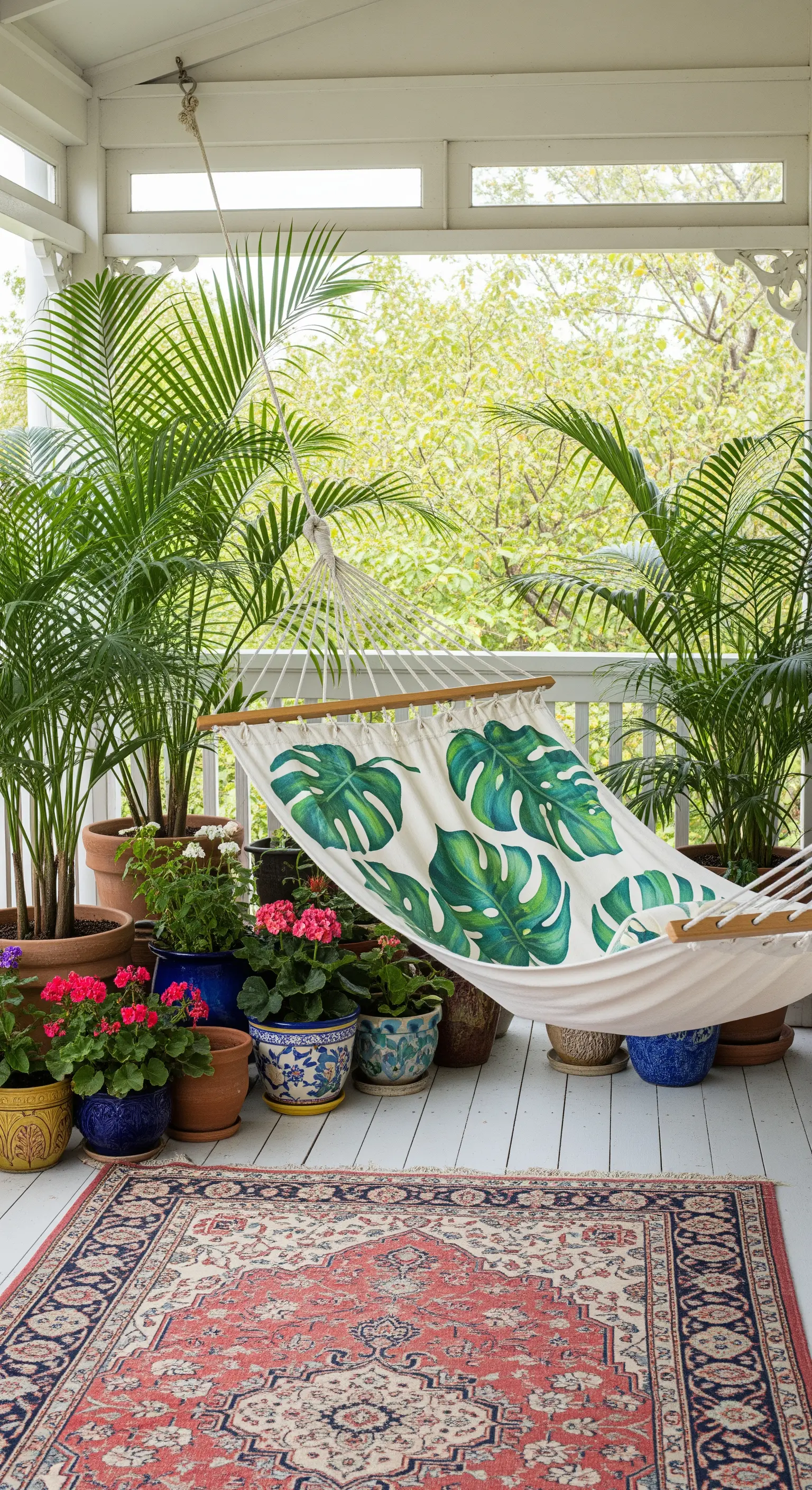 Amaca con stampa di foglie di monstera circondata da numerose piante in vaso.
