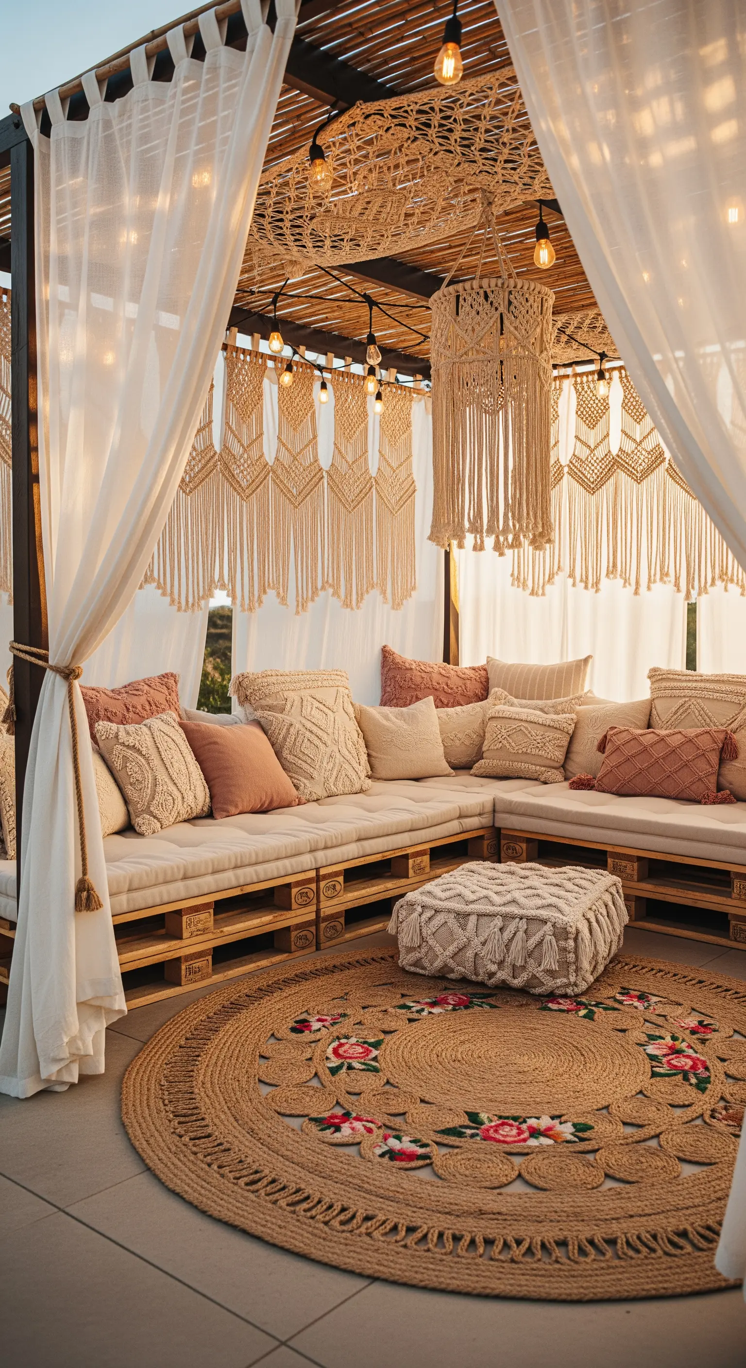 Patio bohémien con divano in pallet, cuscini in macramè, tappeto di iuta e tende bianche.