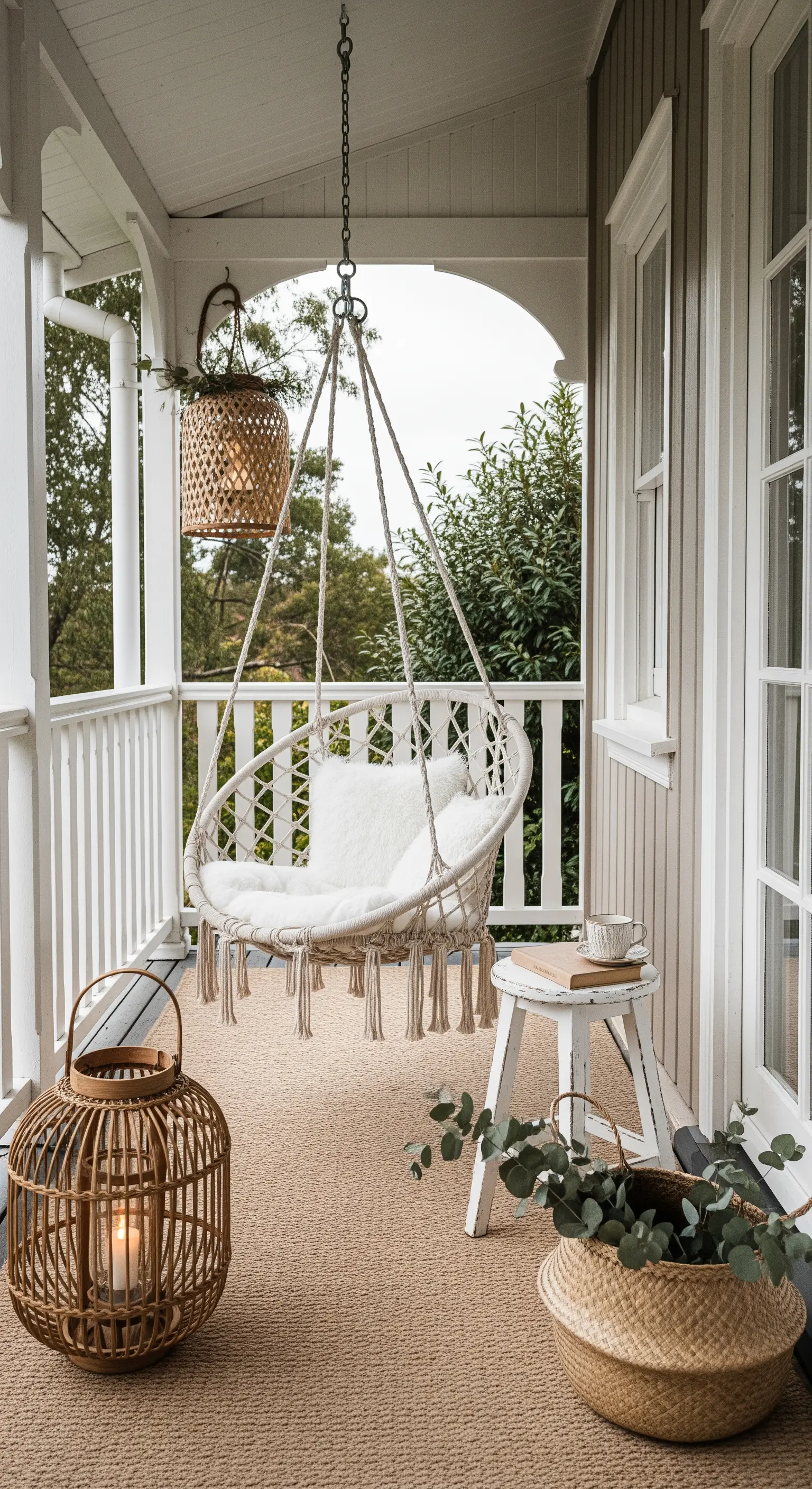 Angolo veranda con sedia sospesa in macramè, lanterna in rattan e tappeto di juta.