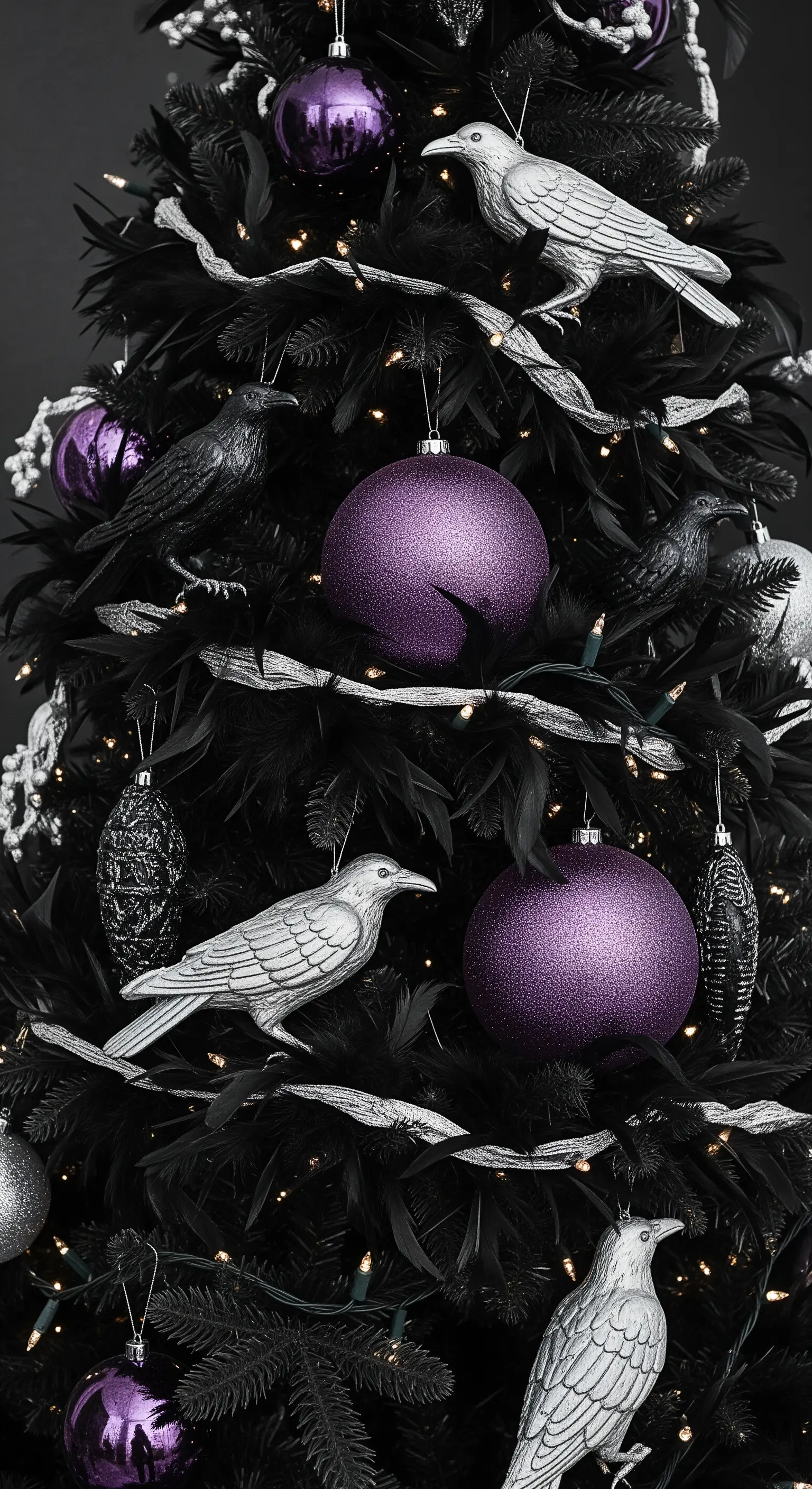 Dettaglio di albero di Natale nero con piume, corvi decorativi e palline viola.