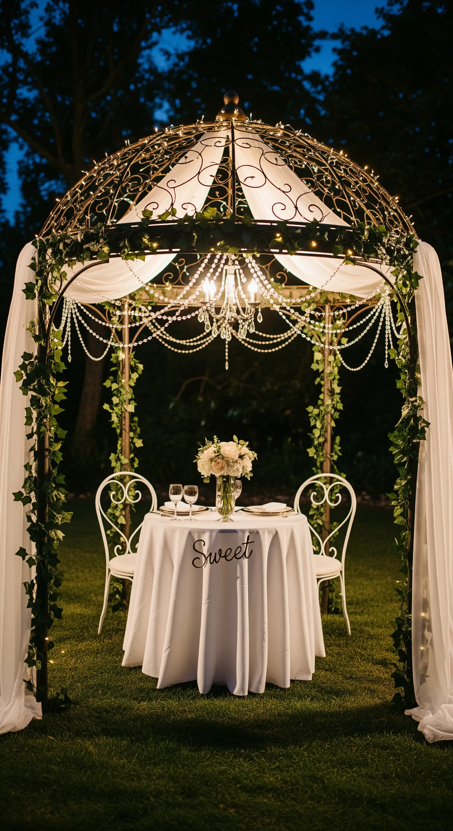 Gazebo romantico illuminato per una cena a due, con edera, lucine e cristalli.
