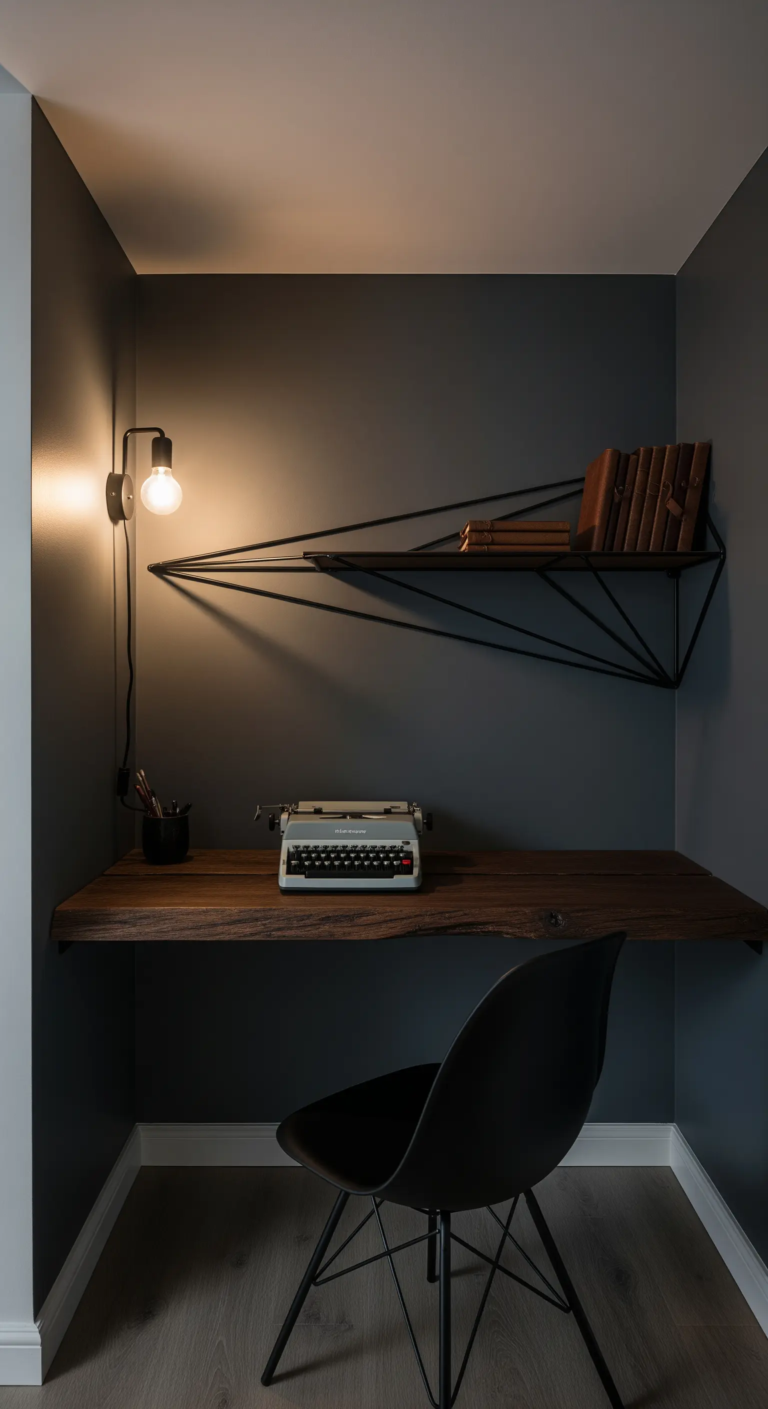 Angolo studio con pareti grigio scuro, scrivania in legno e mensola geometrica in metallo nero.