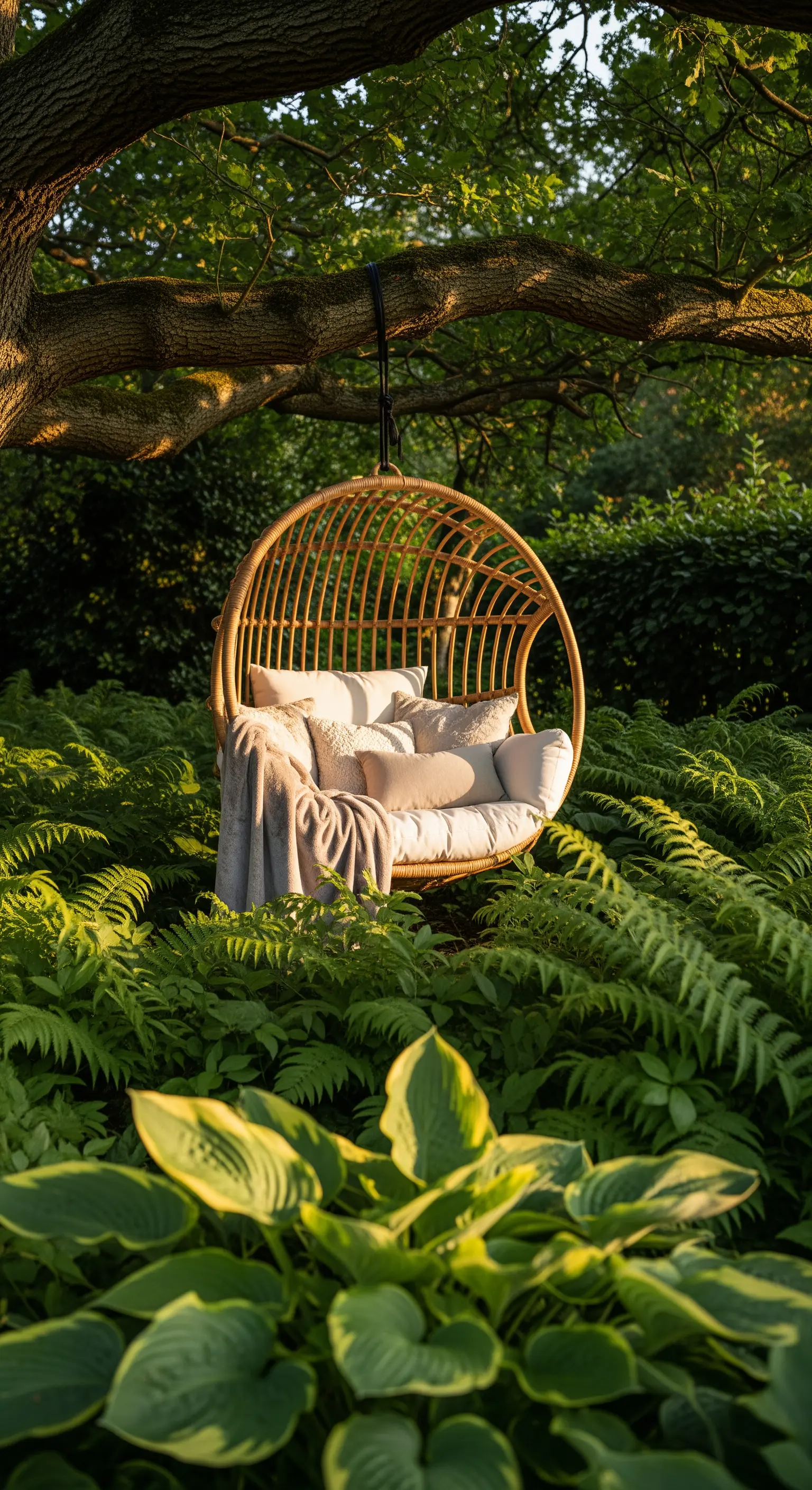 Poltrona sospesa in rattan con cuscini beige, immersa in un giardino lussureggiante di felci.