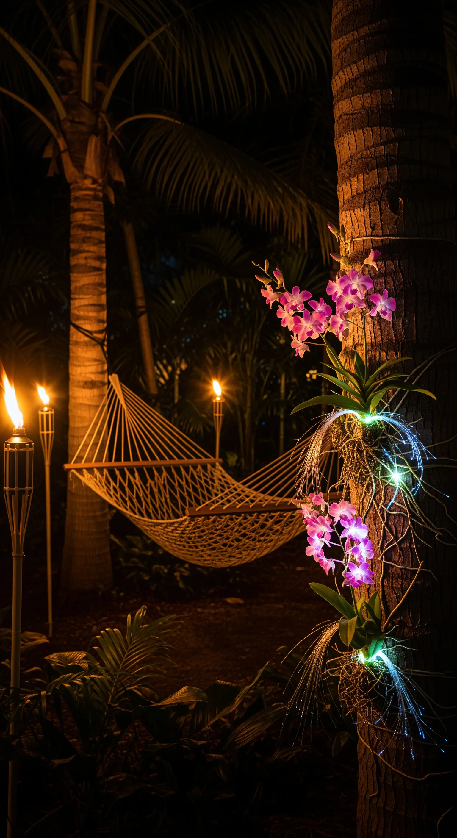 Amaca in un giardino tropicale di notte, illuminata da torce tiki e orchidee con fibre ottiche.