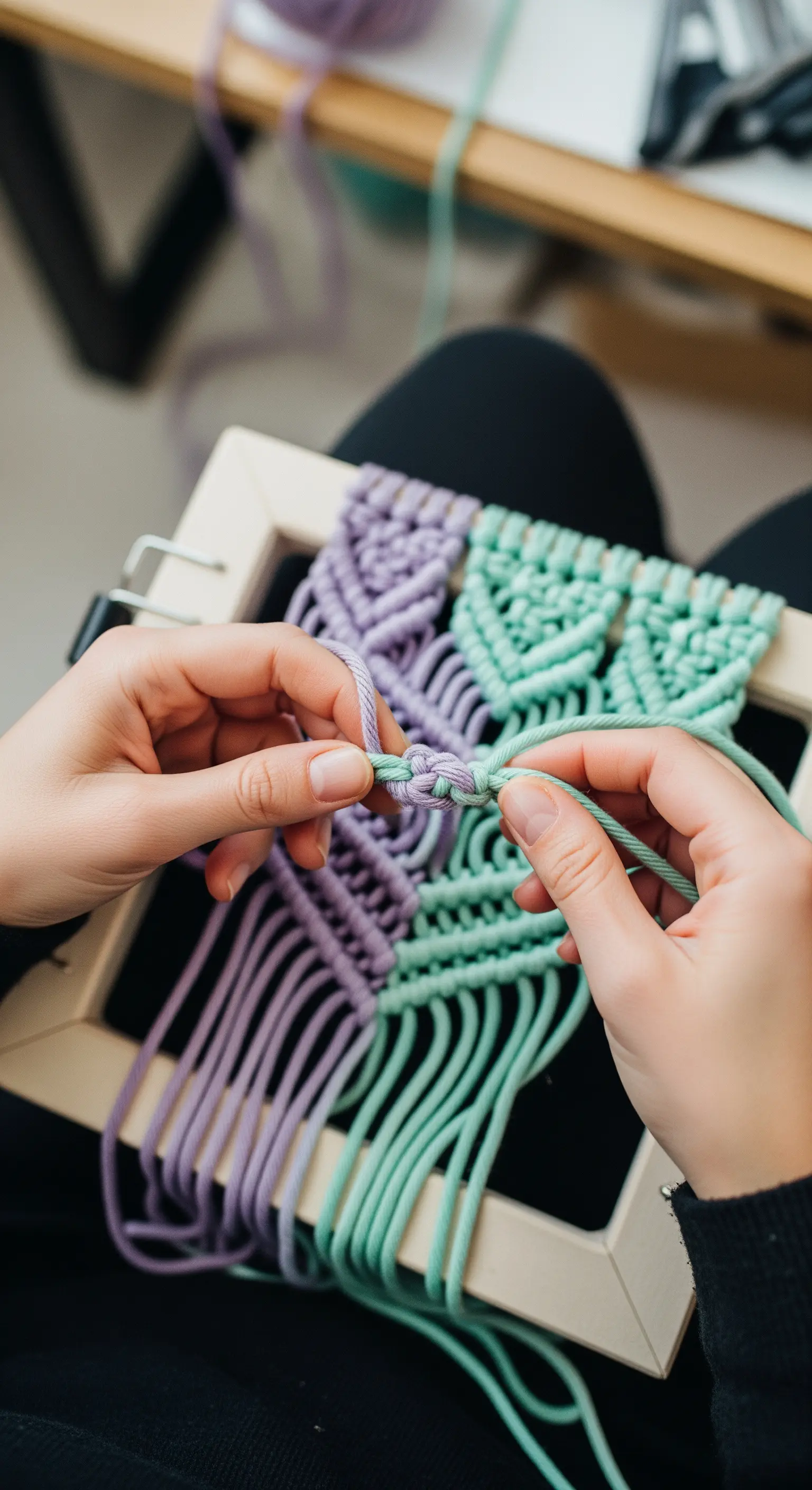 Mani che eseguono un nodo piano con corde di macramè color lavanda e menta su un telaio.