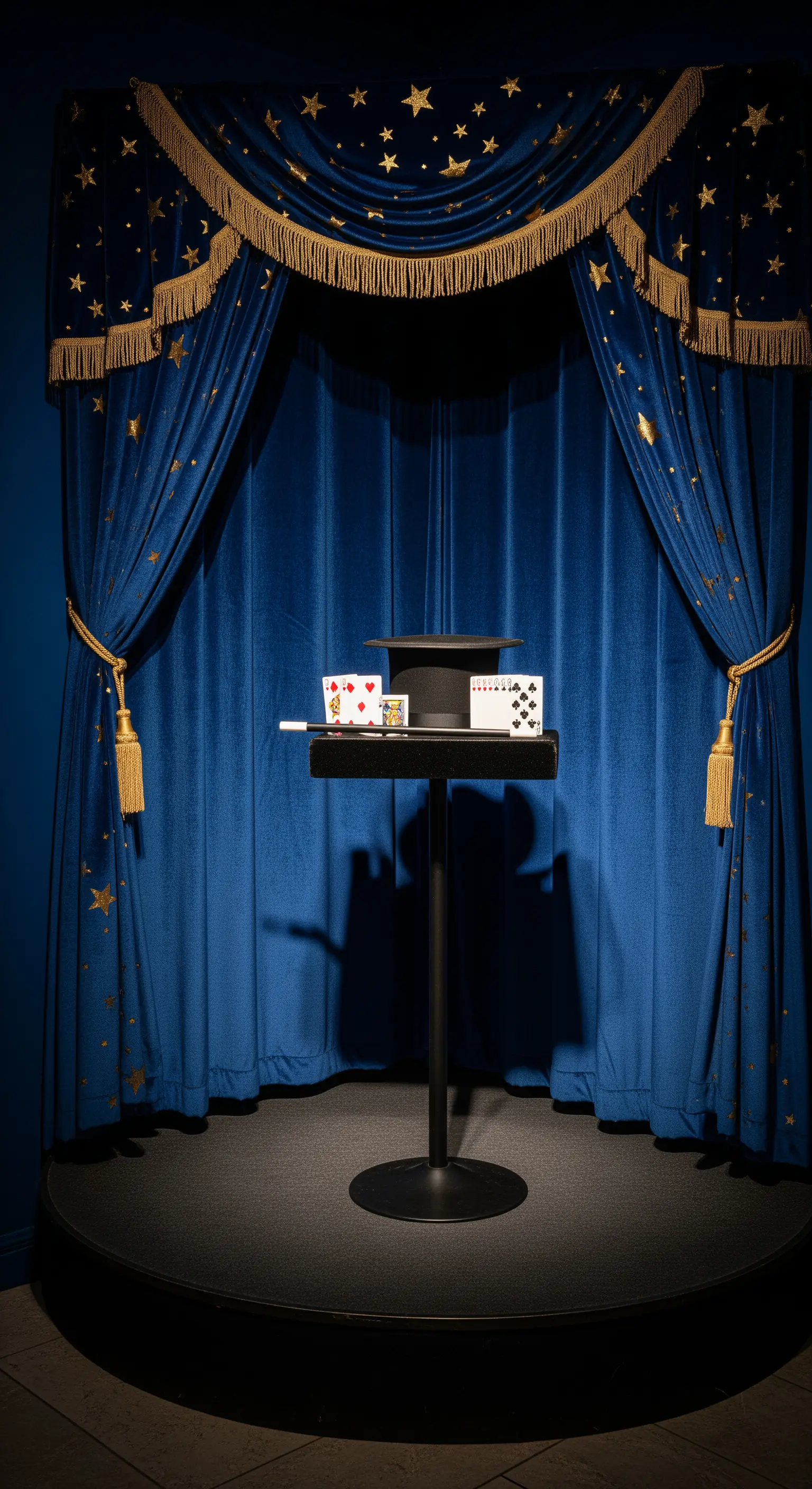 Piccolo palco da mago con sipario blu stellato, cilindro e carte da gioco.