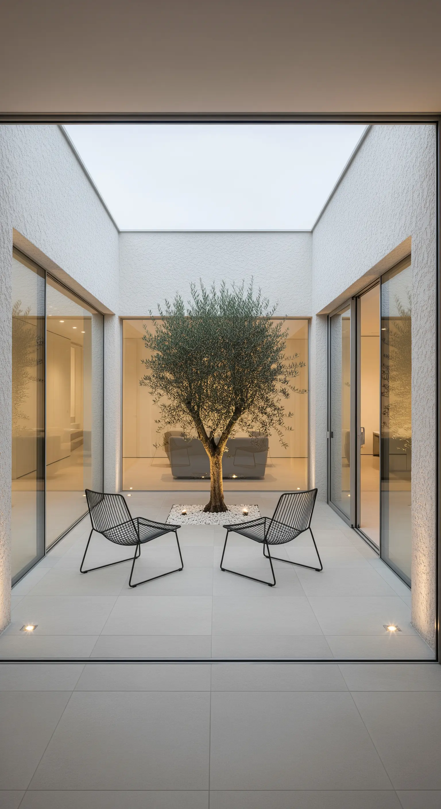 Patio minimalista con un albero di ulivo al centro, circondato da pareti a vetro