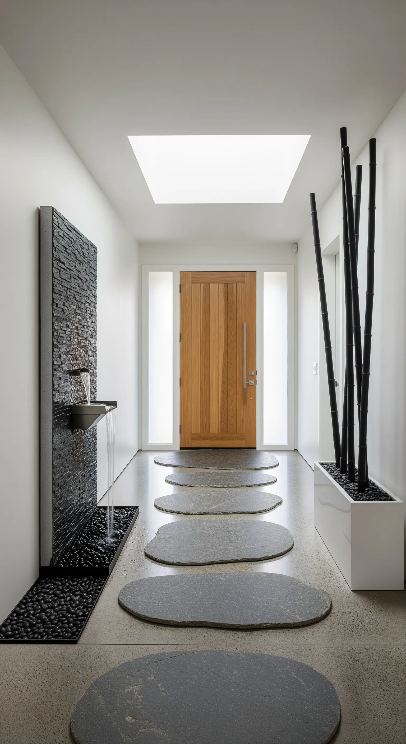 Ingresso minimalista con camminamento in pietra, fontana a muro e bambù nero.