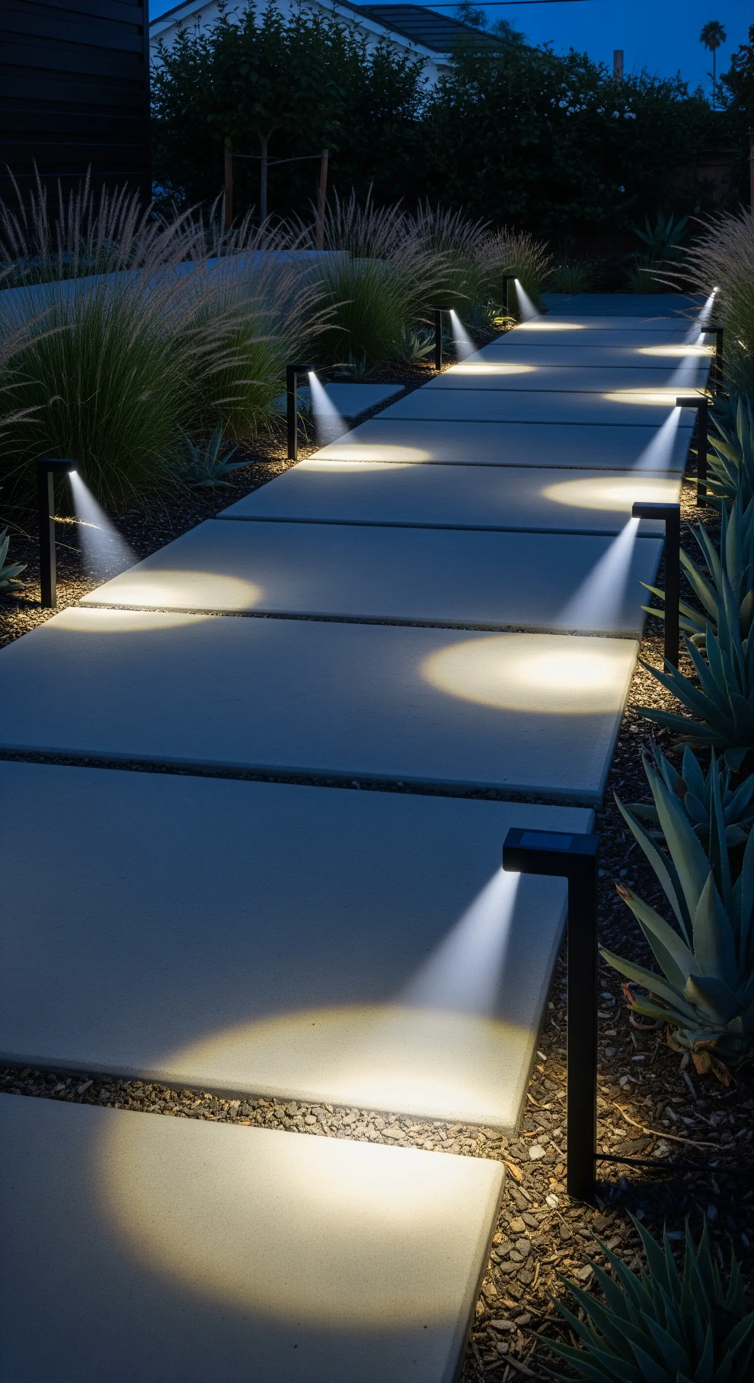 Vialetto moderno in cemento illuminato da faretti a LED neri direzionali.